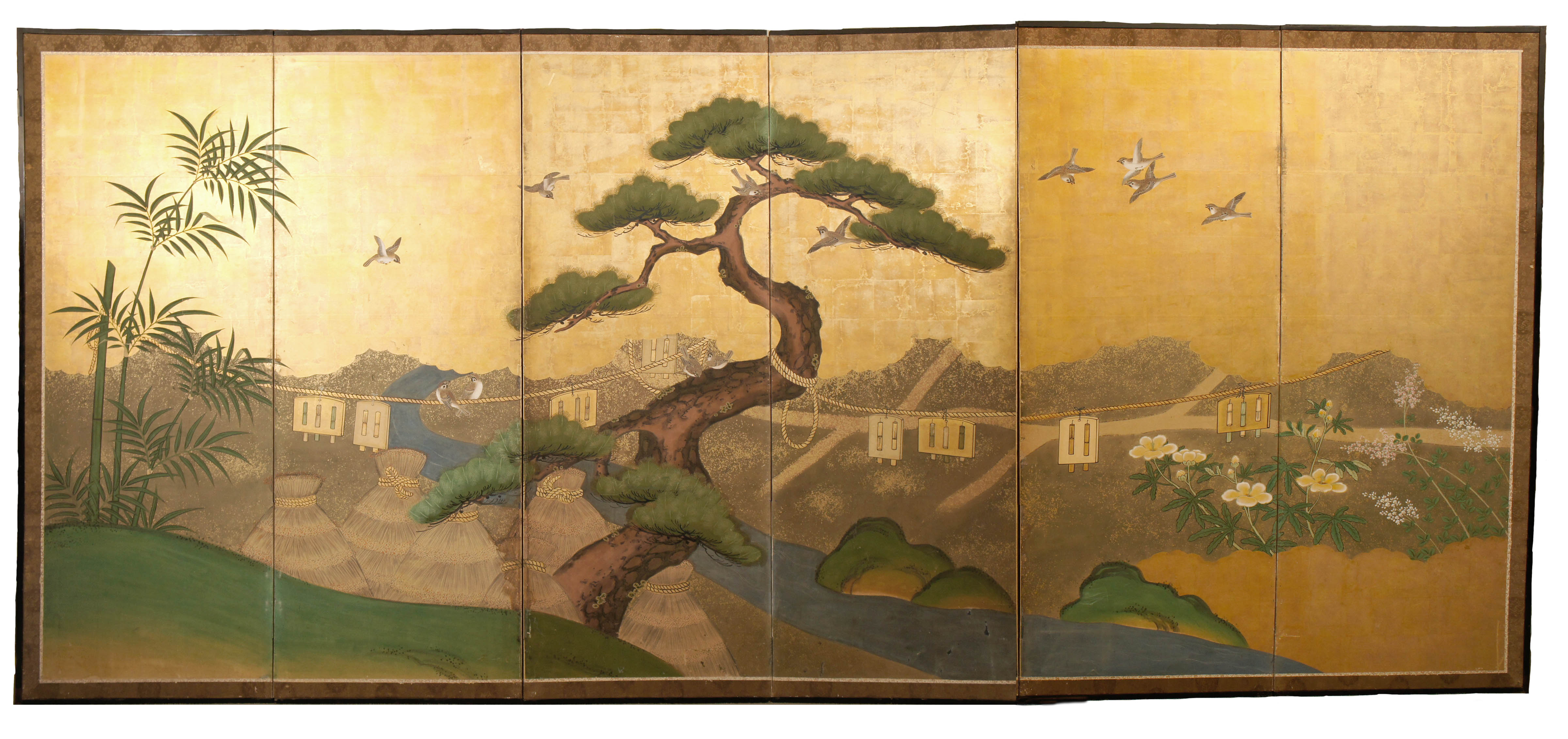 Japanese Six Panel Screen Venerable Pine with Naruko (Clackers) Naga