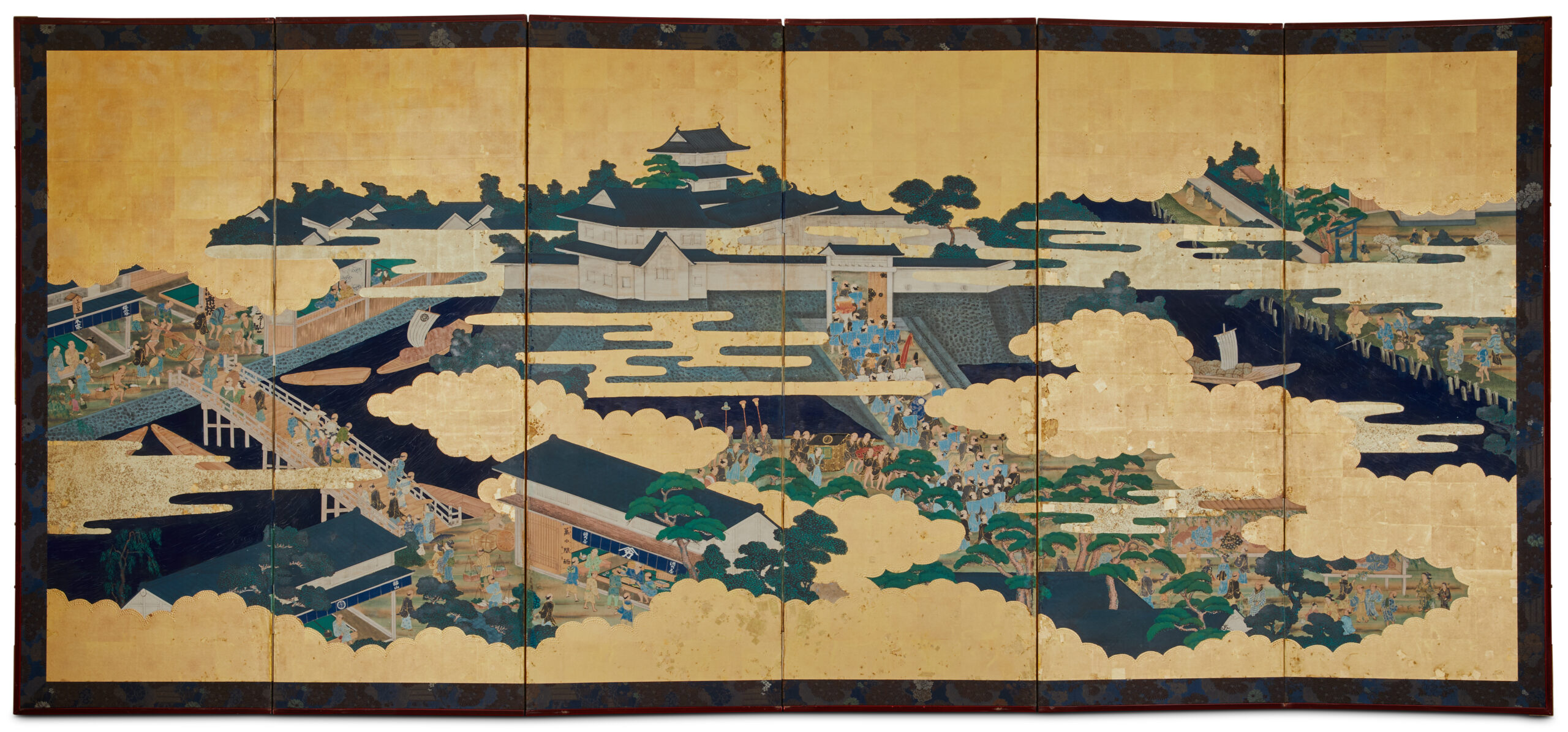 Japanese Six Panel Screen: Unusual Genre Scene Painting - Naga