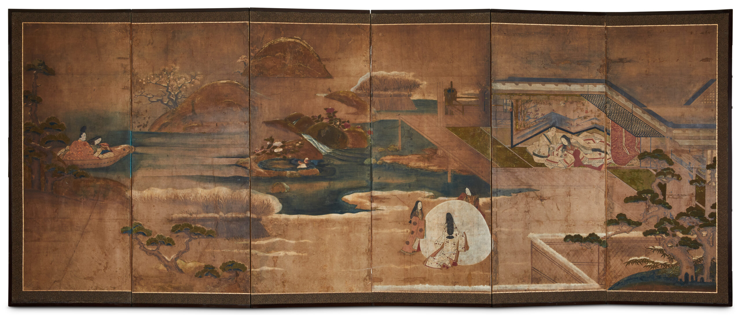 Japanese Six Panel Screen: Famous Scene from Lady Murasaki's Tale