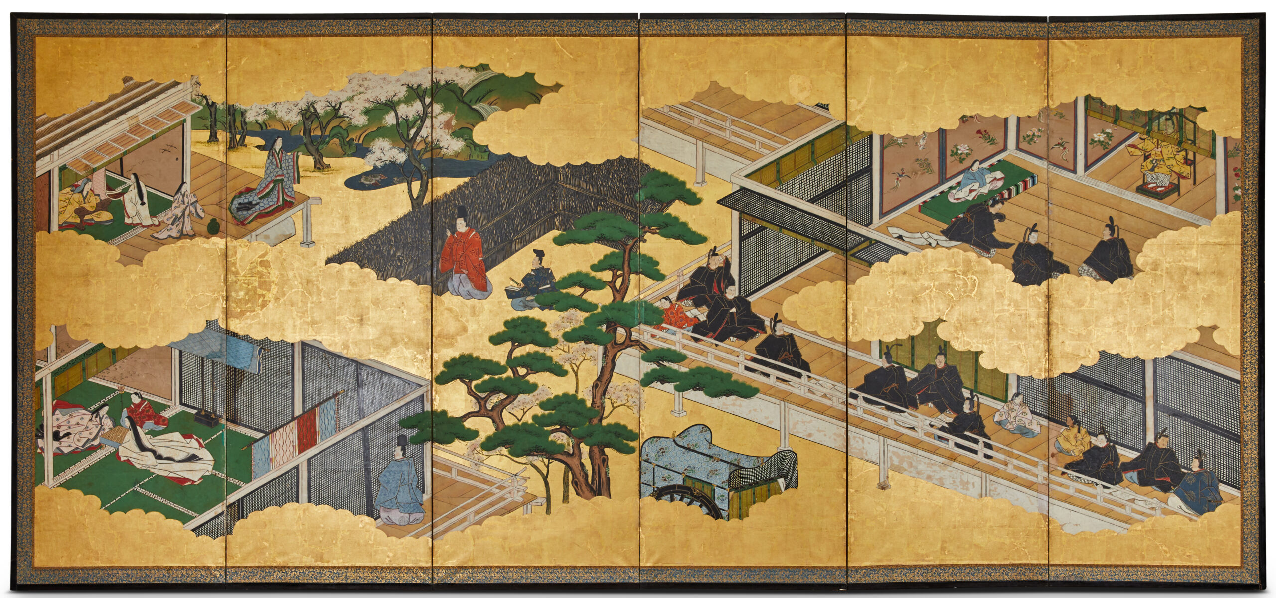 Japanese Six Panel Screen: Genji Court Scenes from the Tale of