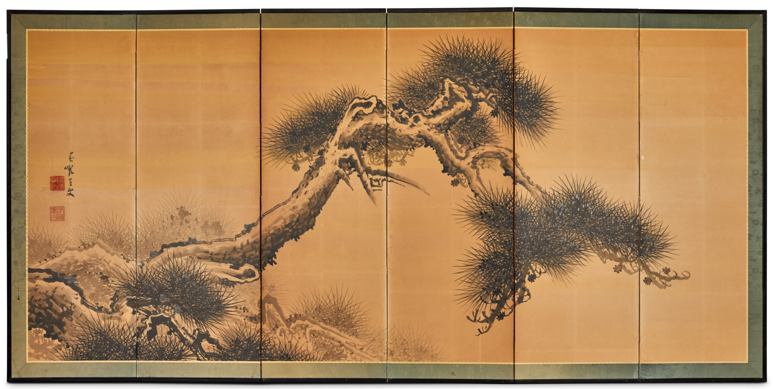 Japanese Six Panel Screen: Ink Painting of a Weathered Pine Tree
