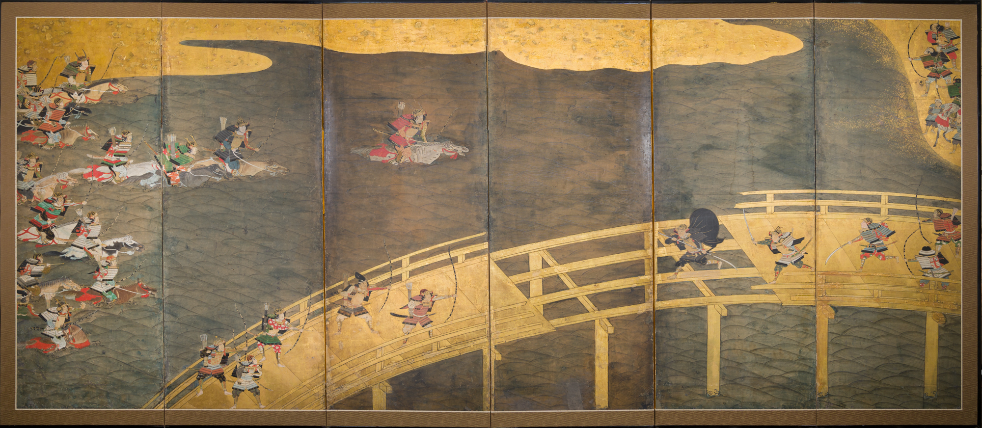 Japanese Six Panel Screen: Battle at Uji Bridge - Naga Antiques