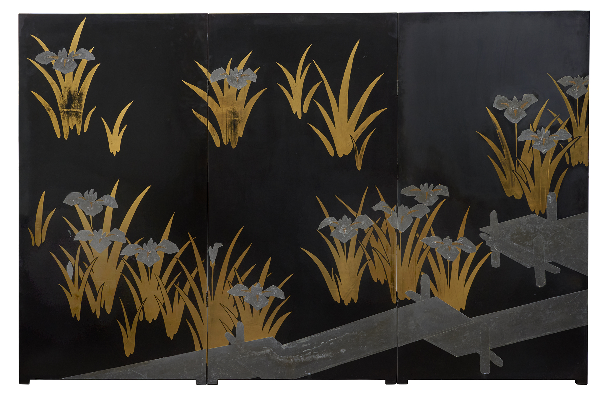 Japanese Black Lacquer Screen: Korin Subject of Footbridge Over Irises