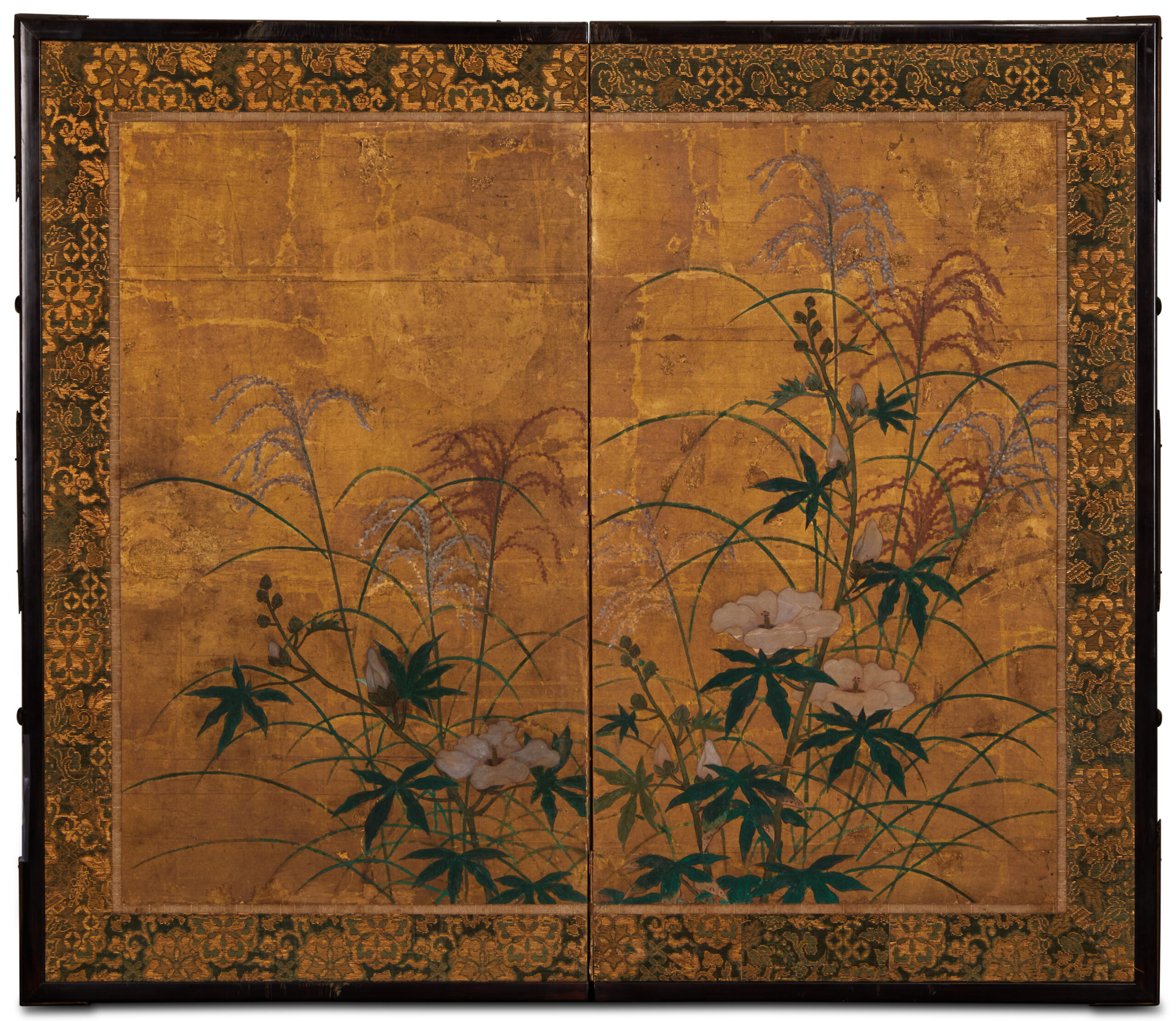 Japanese Two Panel Screen: Flowers and Grasses on Gold - Naga Antiques
