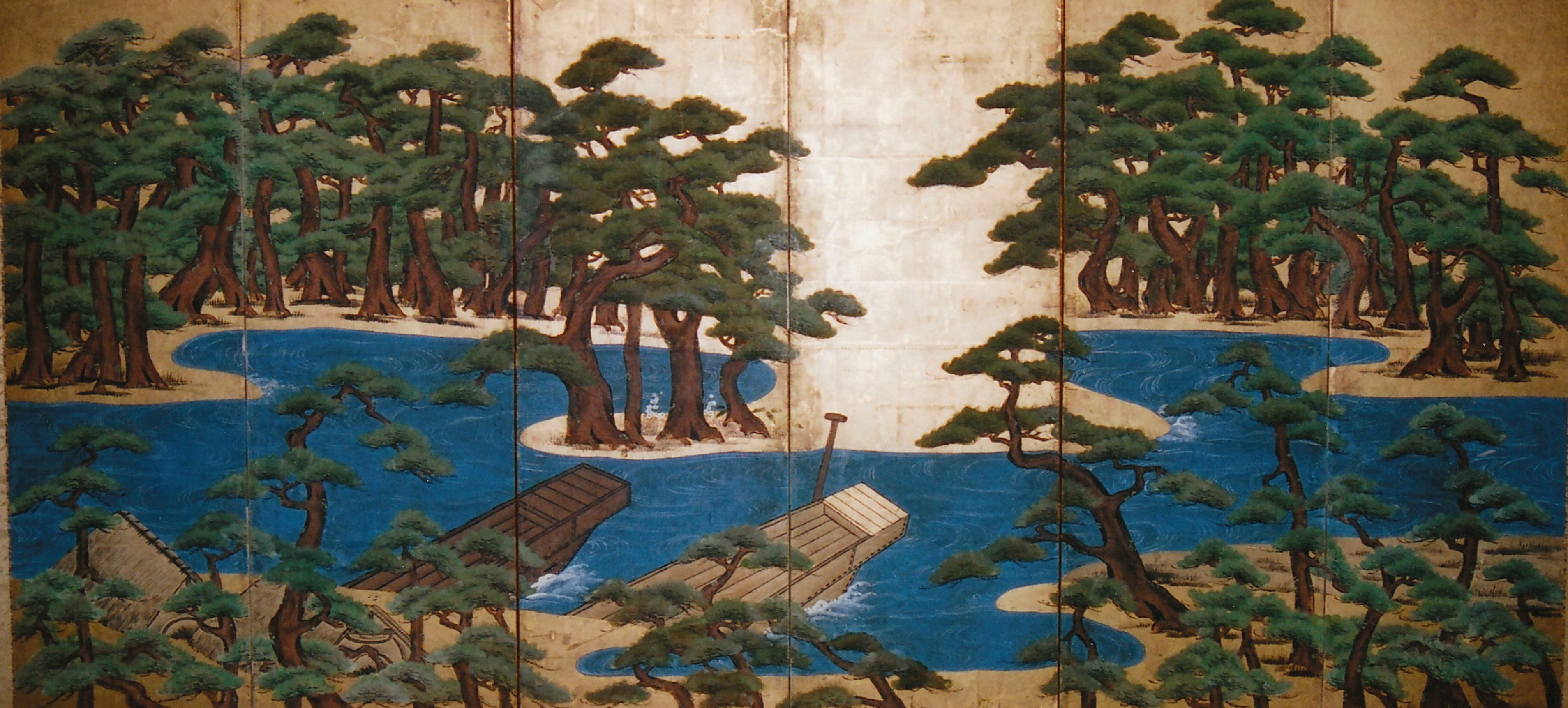 Japanese Six Panel Screen: Pine Trees and Boats at Water's Edge