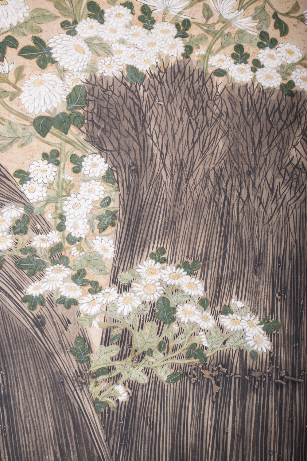 Japanese Six Panel Screen Chrysanthemums and Twig Fence with Gold