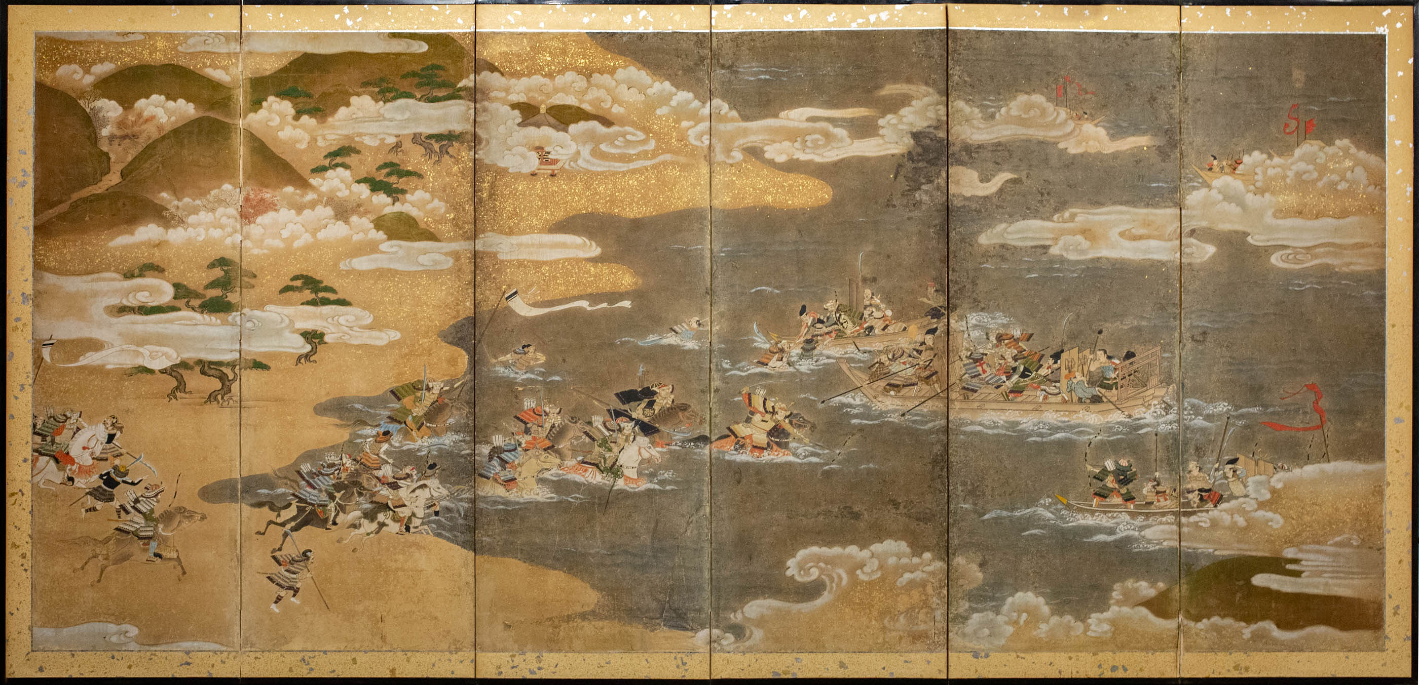 Japanese Six Panel Screen Tosa School Painting of the Battle of