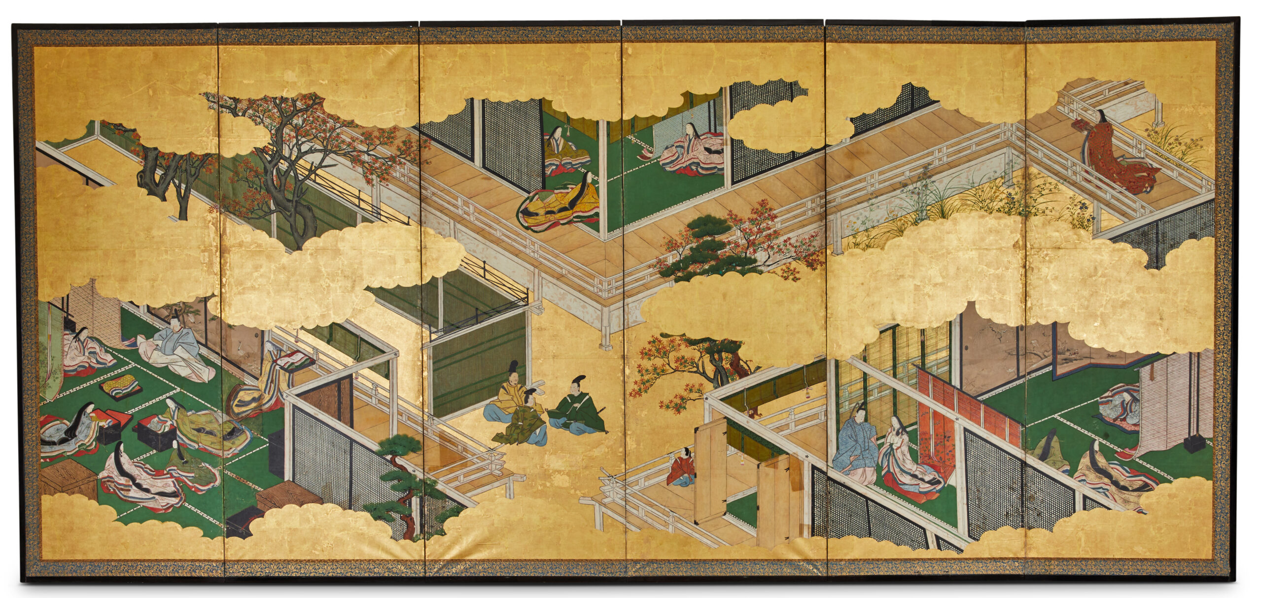 Japanese Six Panel Screen: Genji Court Scenes from the Tale of