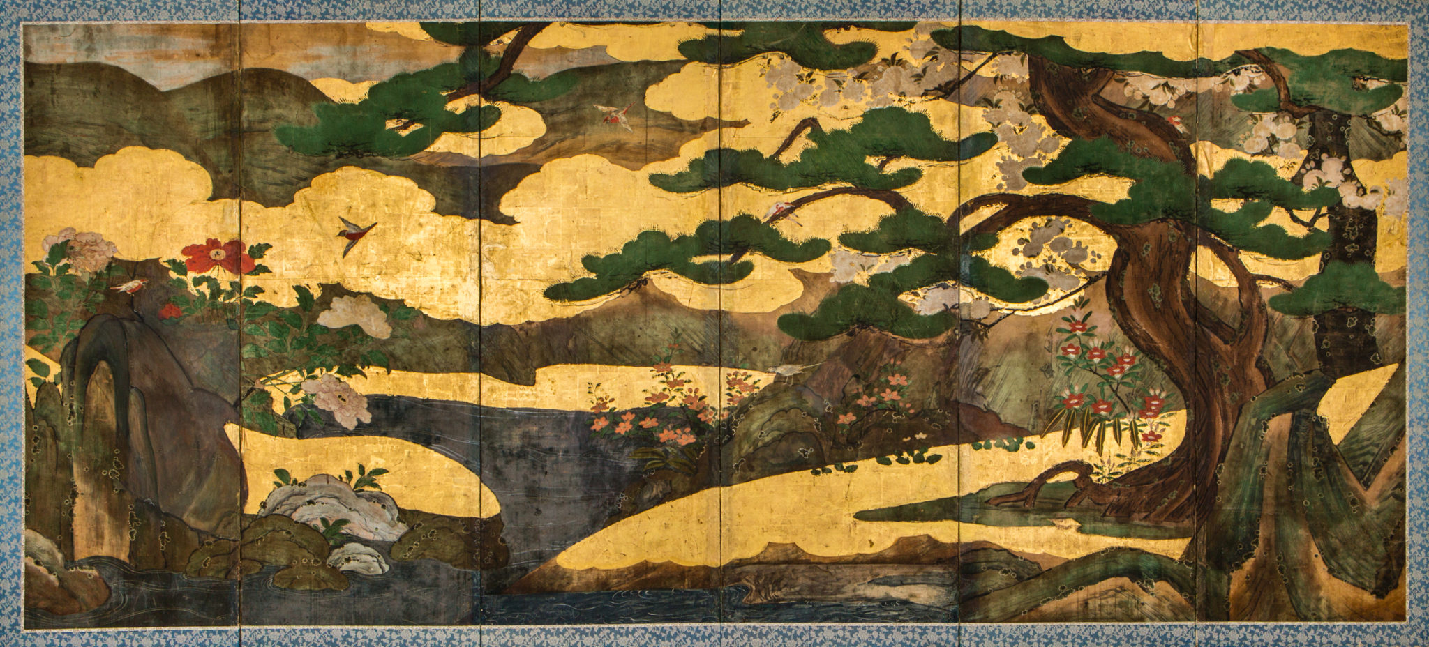 Japanese Six Panel Screen Garden Landscape by River's Edge Naga Antiques