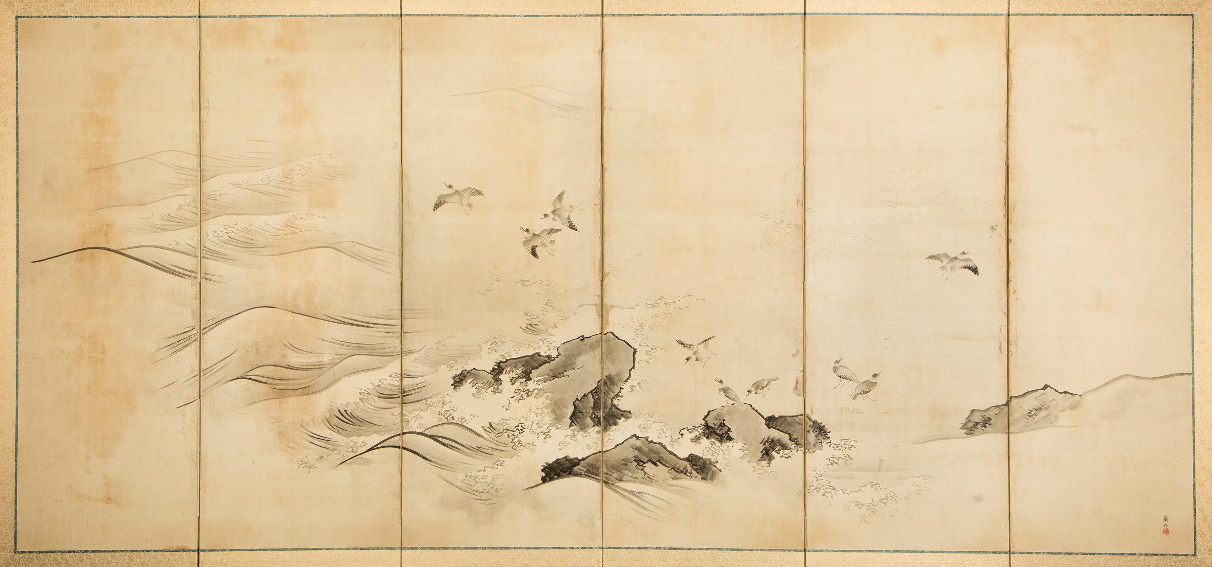 Japanese Six Panel Screen: Plovers in Flight Over Coastal