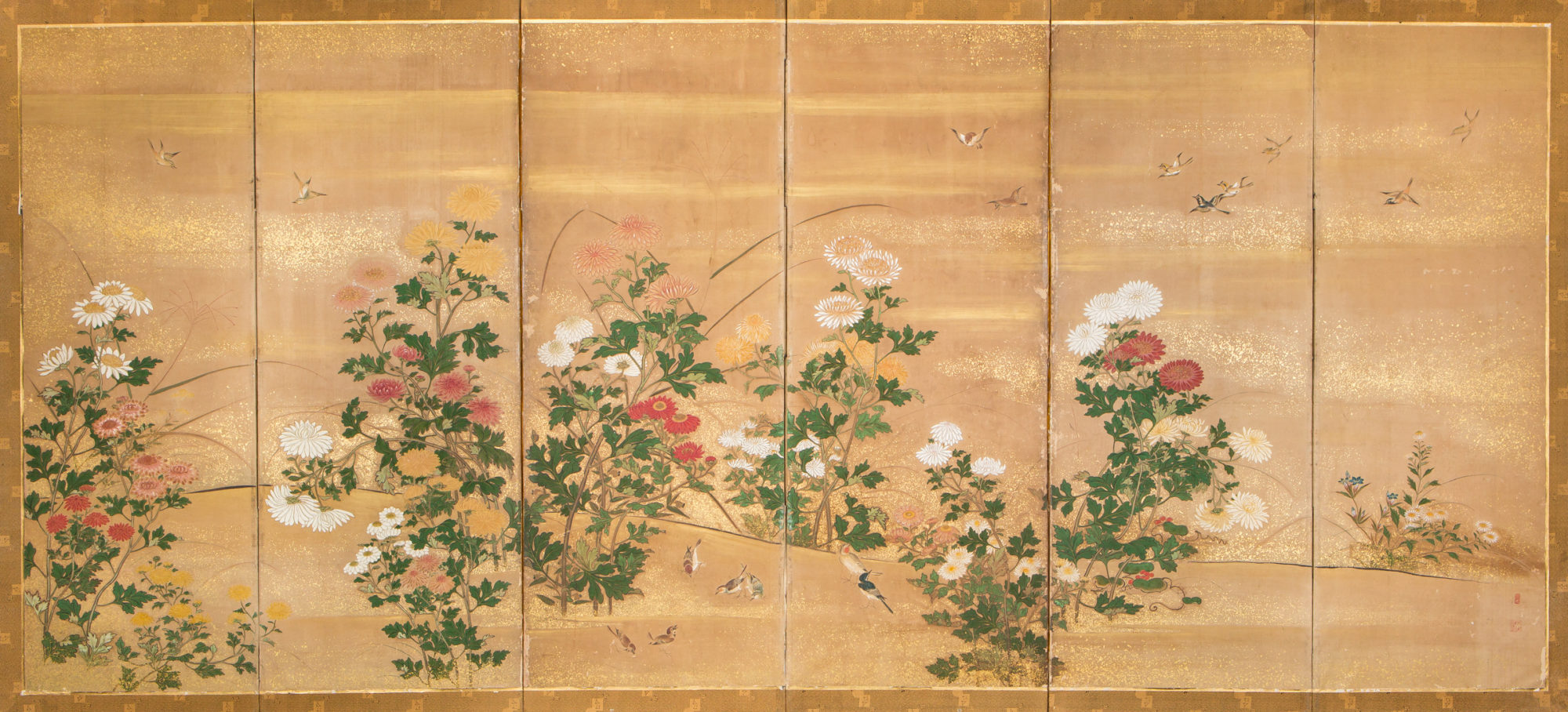 Japanese Six Panel Screen Chrysanthemums Naga Antiques