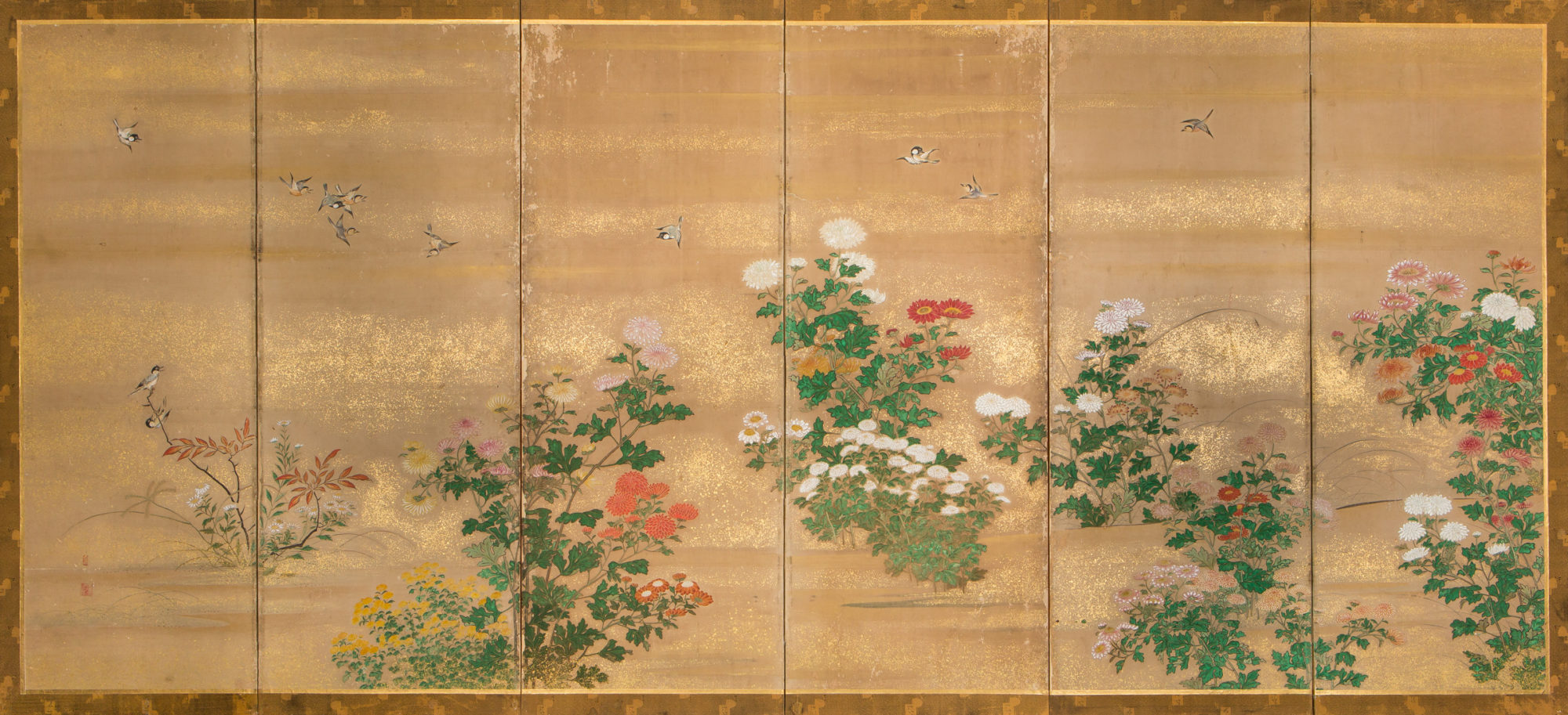Japanese Six Panel Screen Chrysanthemums Naga Antiques