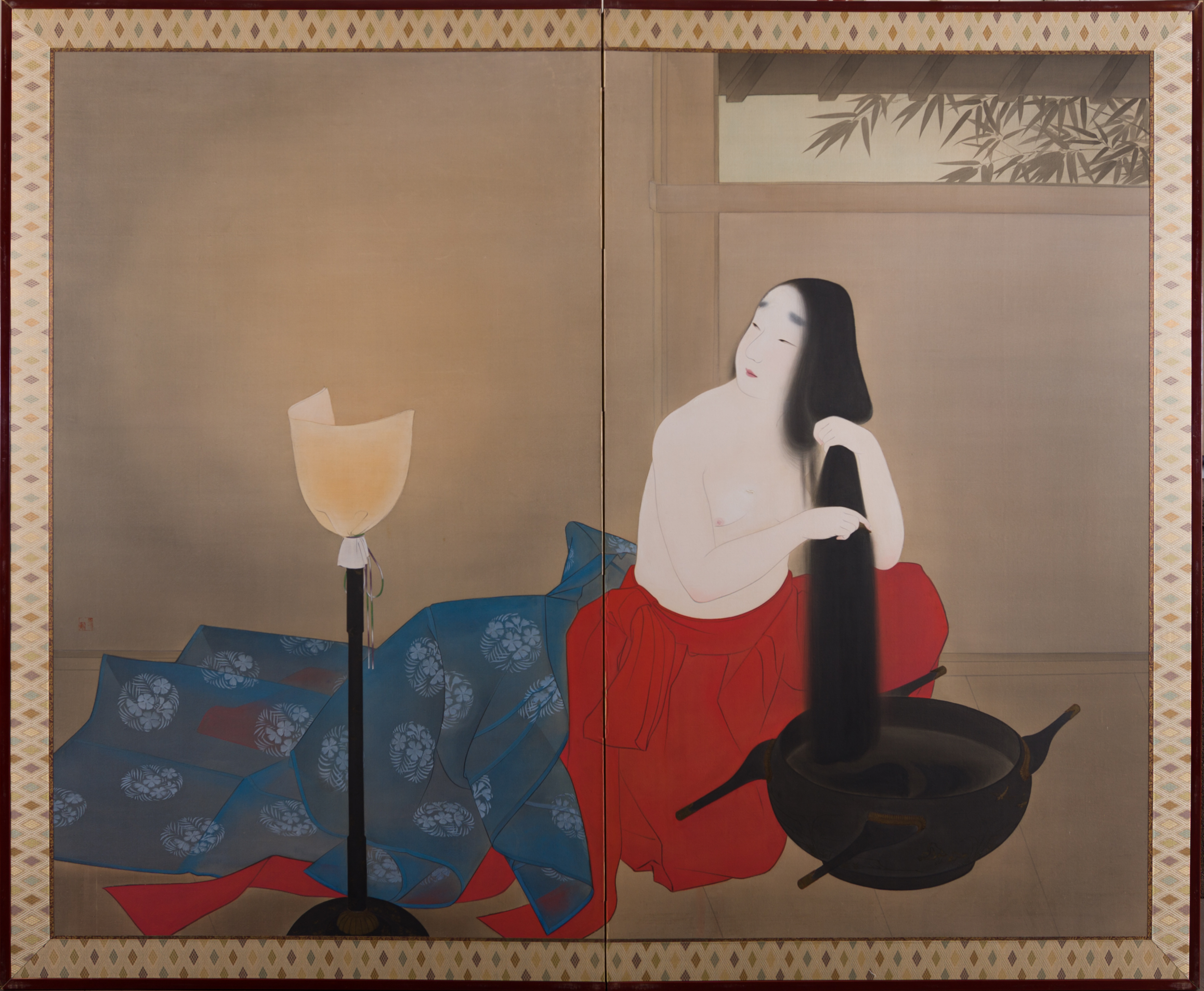 髪を結ぶ女　額縁入り　絵画　by M.Onishi S1715-Main.jpg