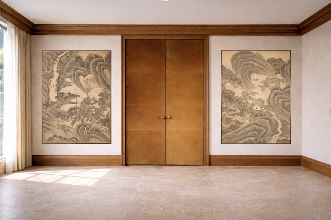 Pair of Japanese Two Panel Screens:  Exaggerated Chinese Style Mountain Landscape with Waterfalls and River