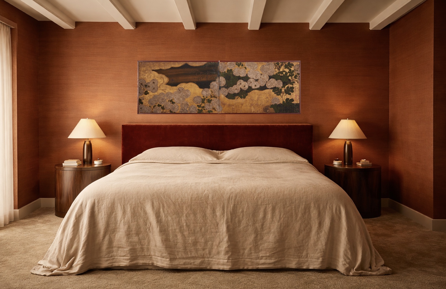 Japanese Two Panel Screen: Rimpa painting of Chrysanthemums