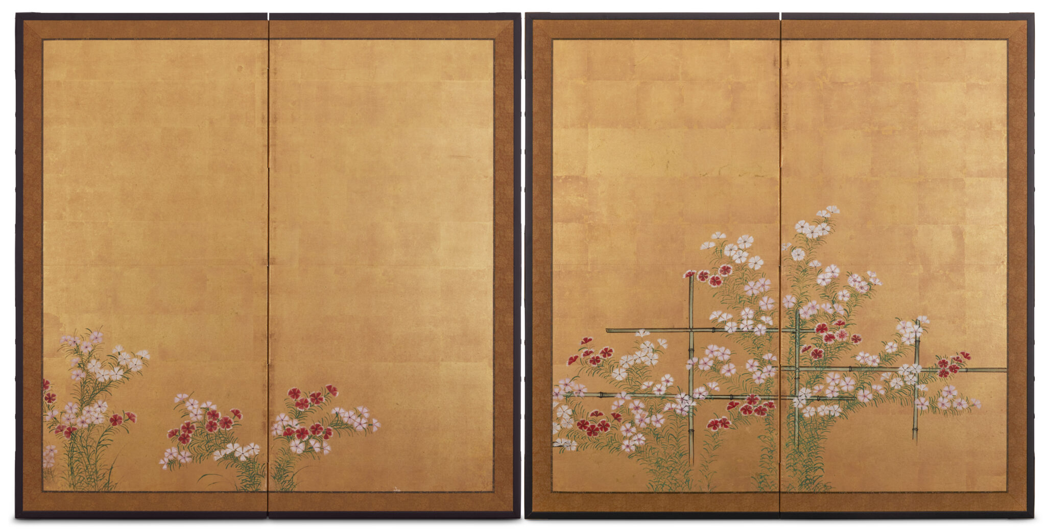 Pair of Japanese Two Panel Screens: Nadeshiko on Gold Leaf