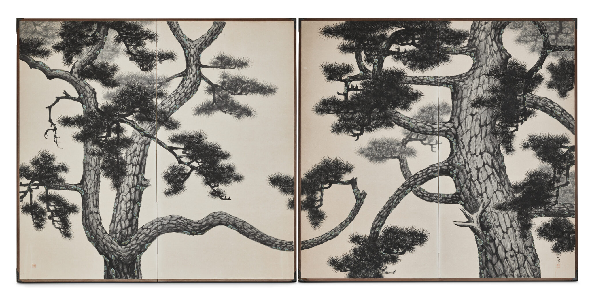 Pair of Japanese Two Panel Screens: Pine Forest