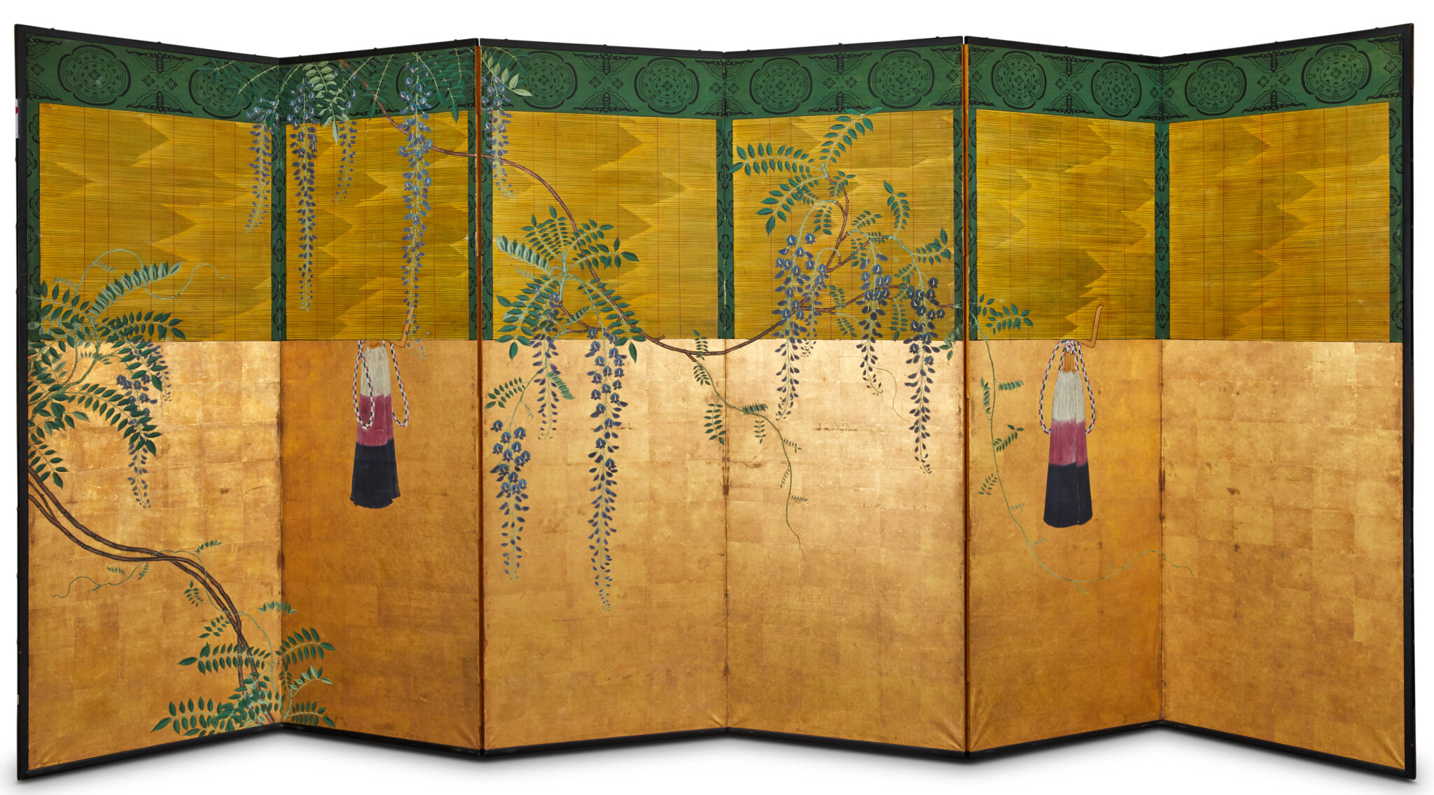 Pair of Japanese Six Panel Screens: Sudare and Wisteria