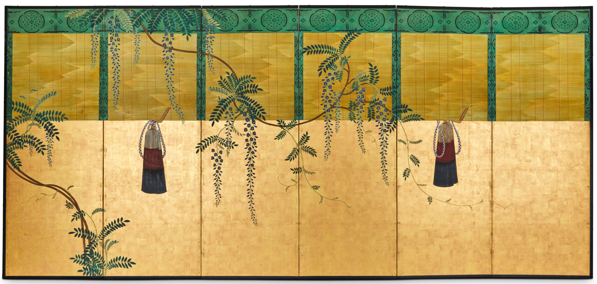 Pair of Japanese Six Panel Screens: Sudare and Wisteria