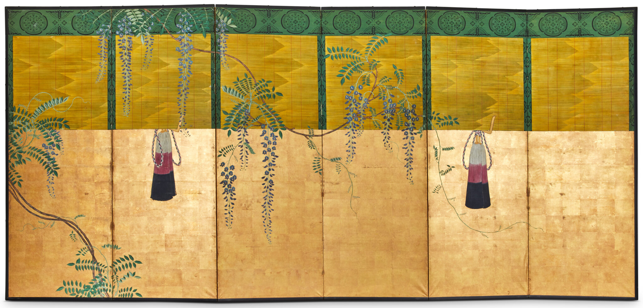 Pair of Japanese Six Panel Screens: Sudare and Wisteria