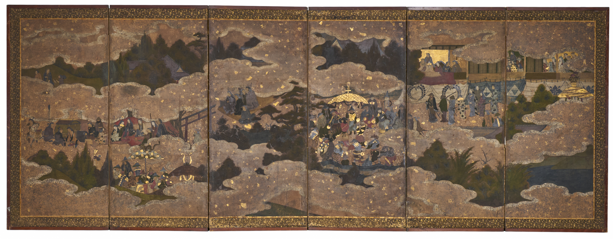 Japanese Six Panel Screen: Samurai Gathering from Various Provinces  (Hokoku Festival)