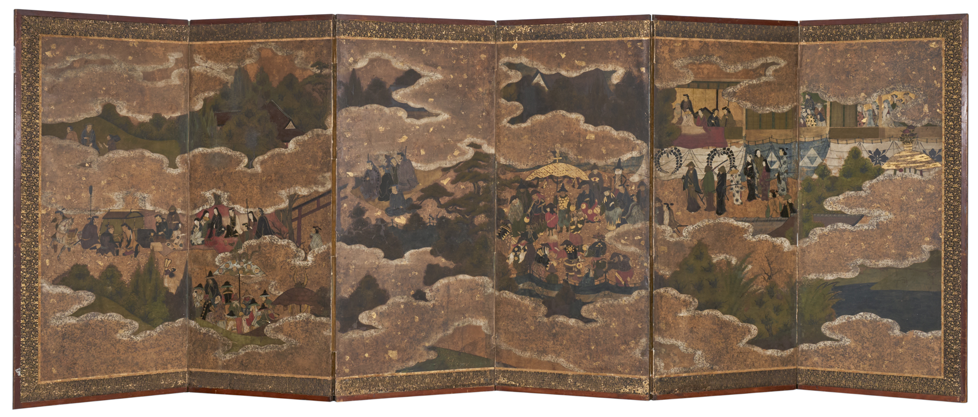Japanese Six Panel Screen: Samurai Gathering from Various Provinces  (Hokoku Festival)
