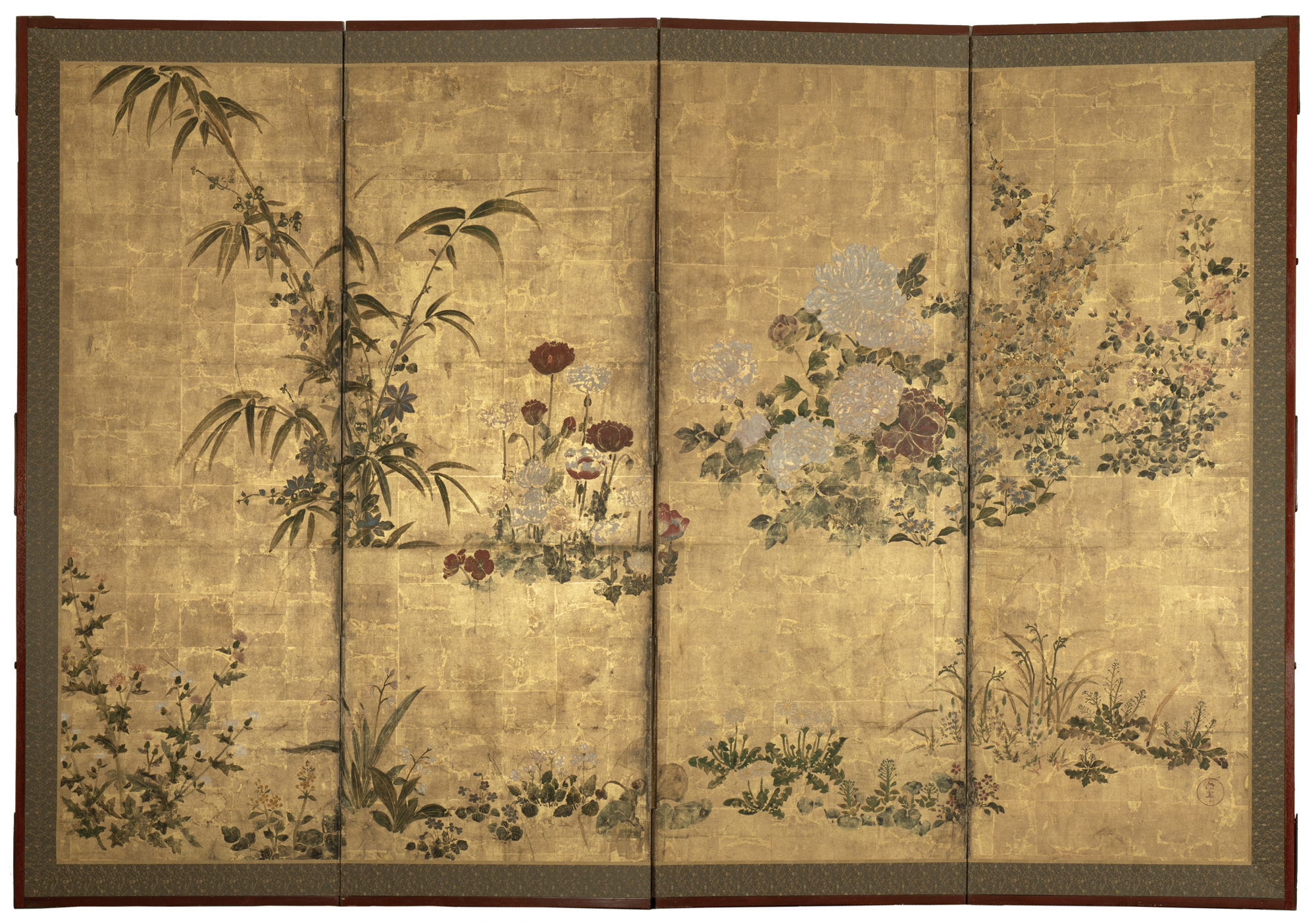 Japanese Four Panel Screen: Garden Landscape with Poppies