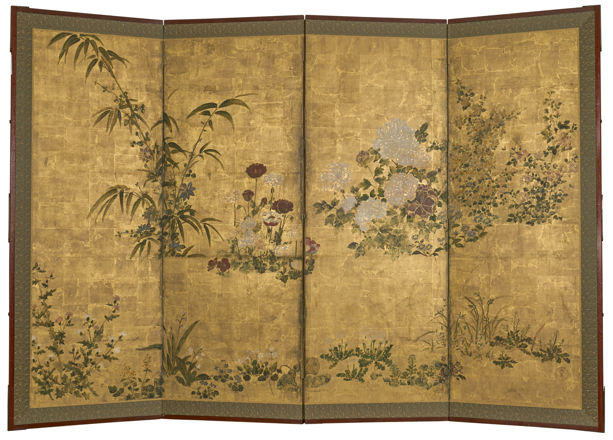 Japanese Four Panel Screen: Garden Landscape with Poppies