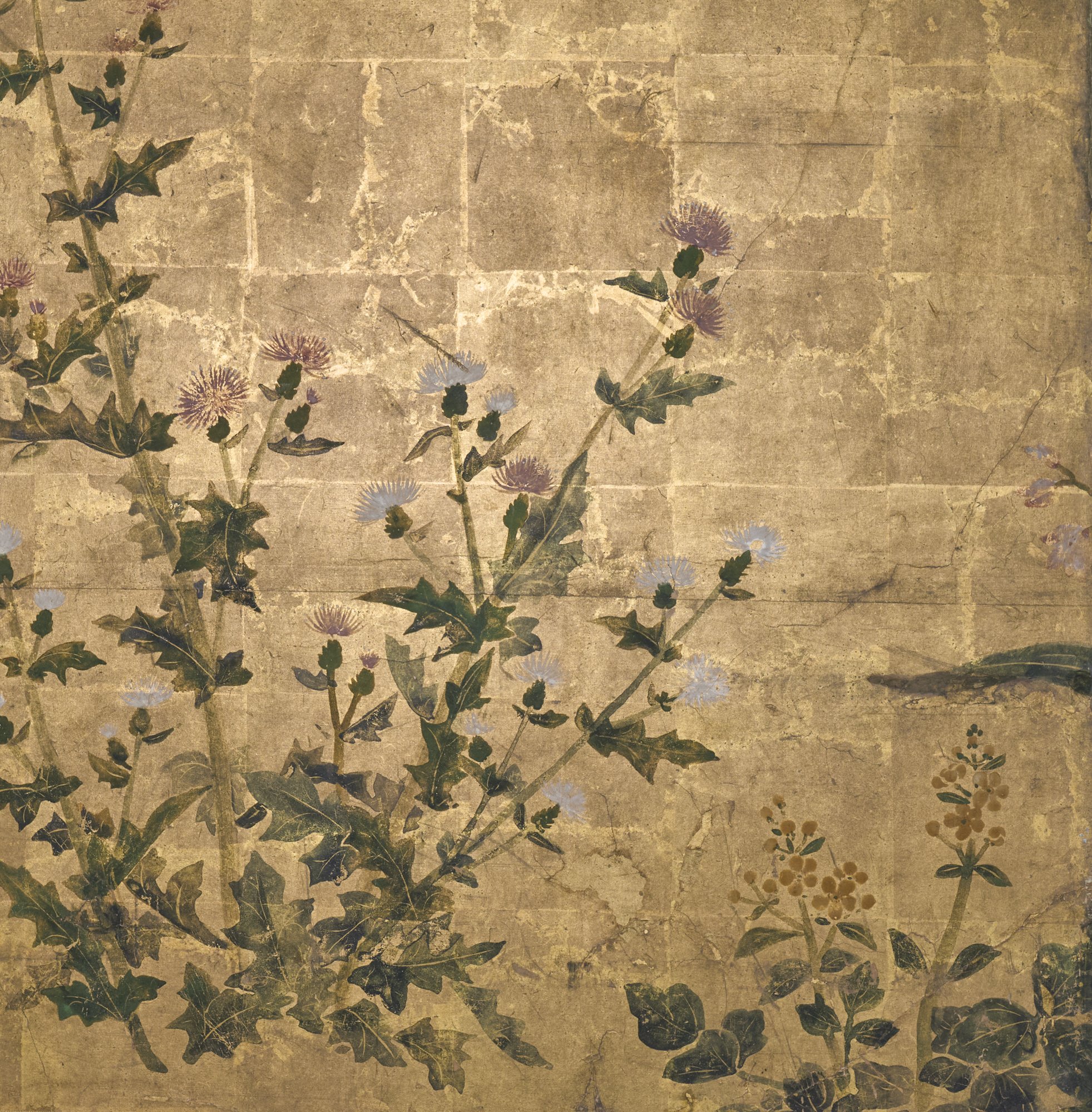 Japanese Four Panel Screen: Garden Landscape with Poppies