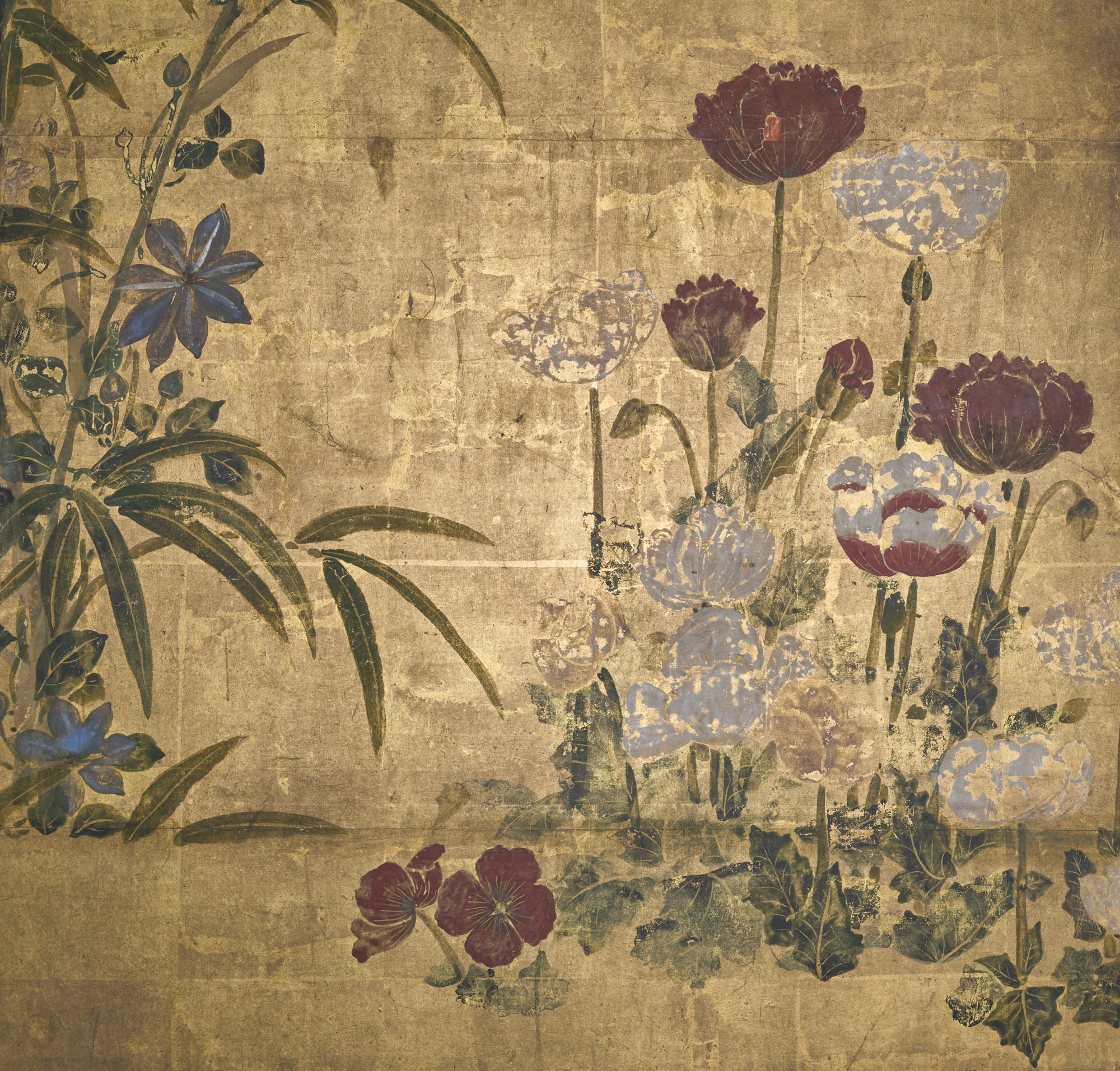 Japanese Four Panel Screen: Garden Landscape with Poppies