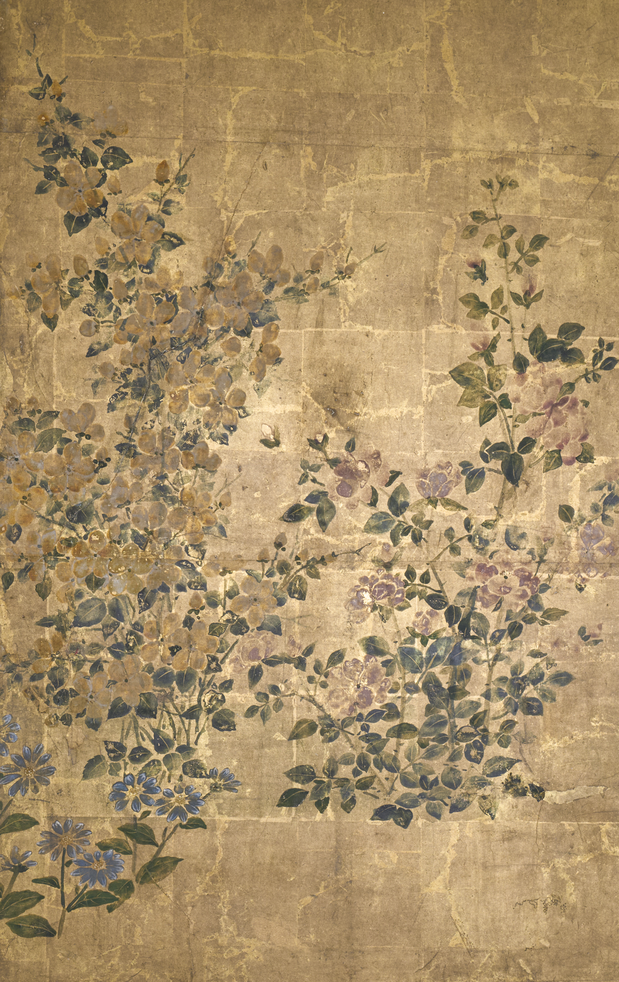Japanese Four Panel Screen: Garden Landscape with Poppies