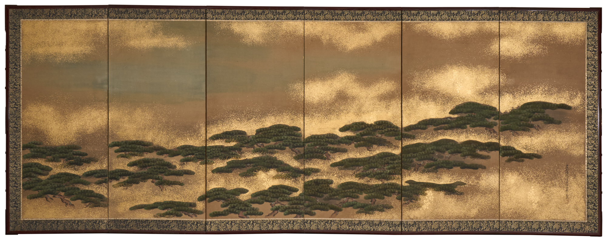 Pair of Japanese Six Panel Screens- Mount Fuji and Pine Grove