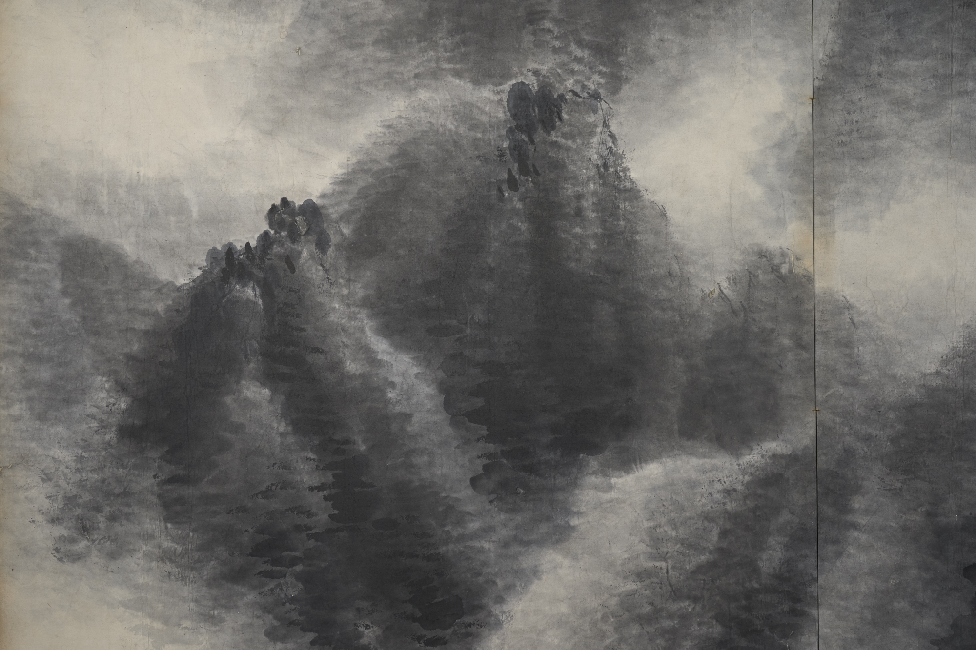 Japanese Two Panel Screen: Sumi-e Mountain Landscape