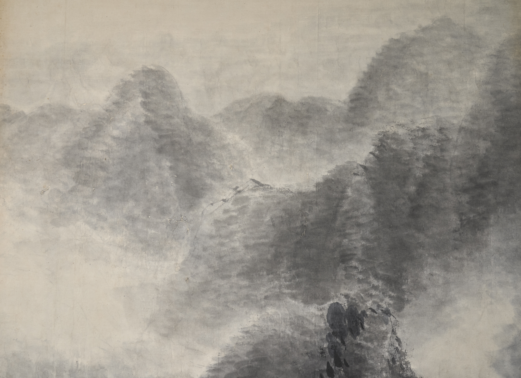 Japanese Two Panel Screen: Sumi-e Mountain Landscape