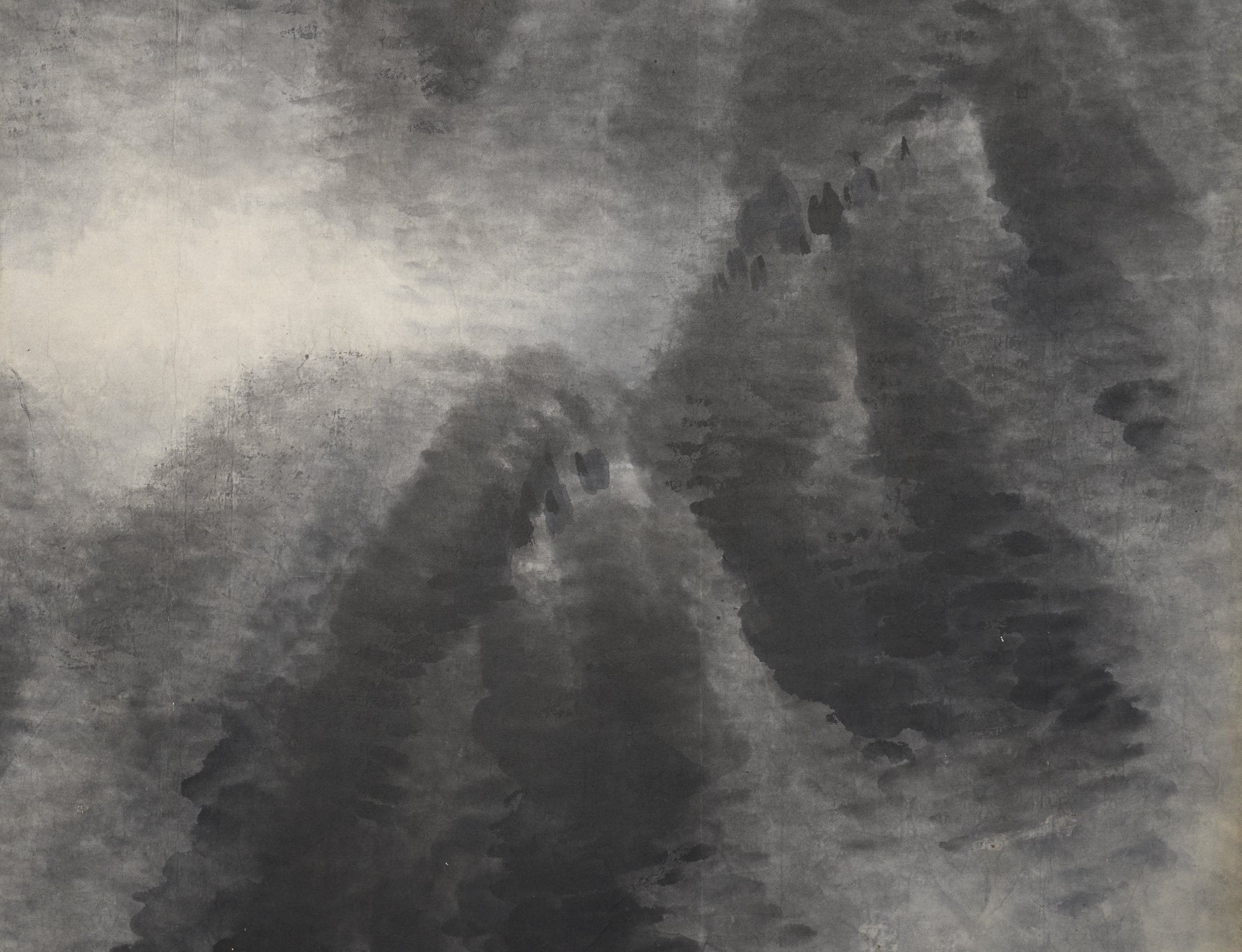 Japanese Two Panel Screen: Sumi-e Mountain Landscape