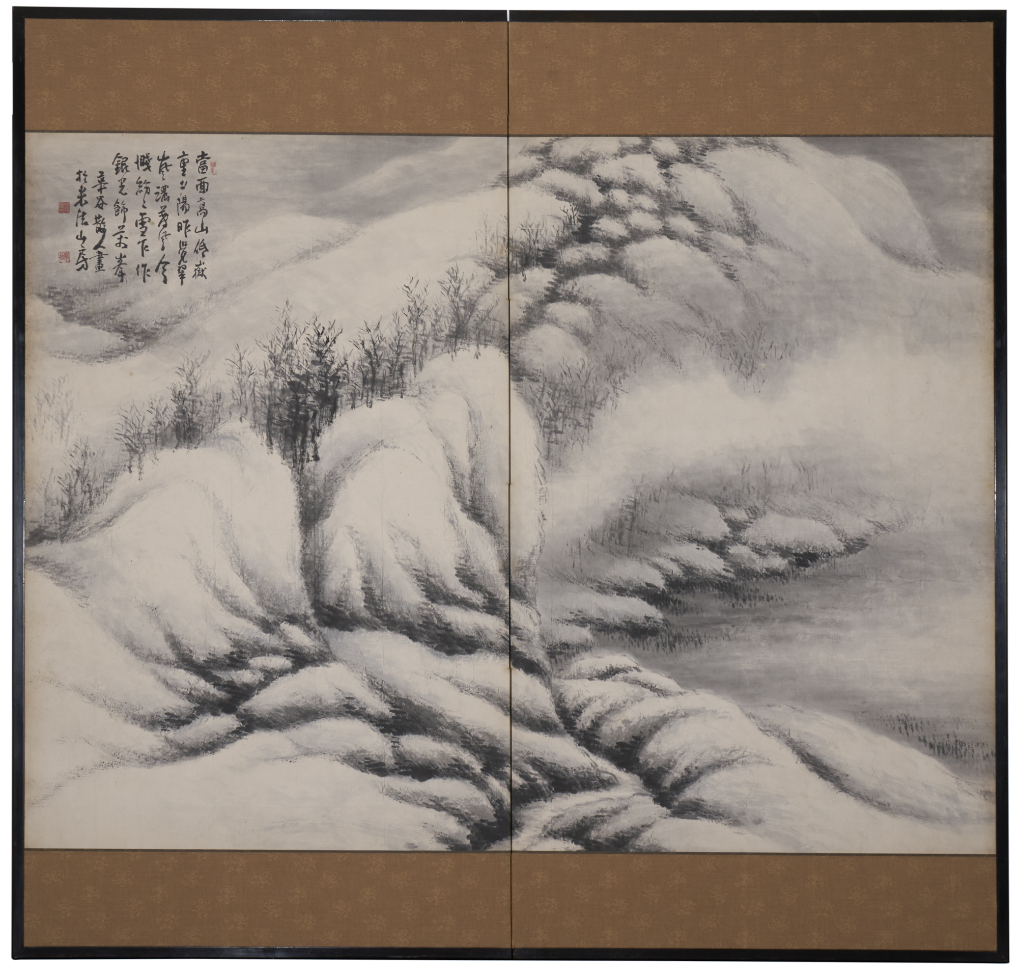 Japanese Two Panel Screen: Sumi-e Snow Scene