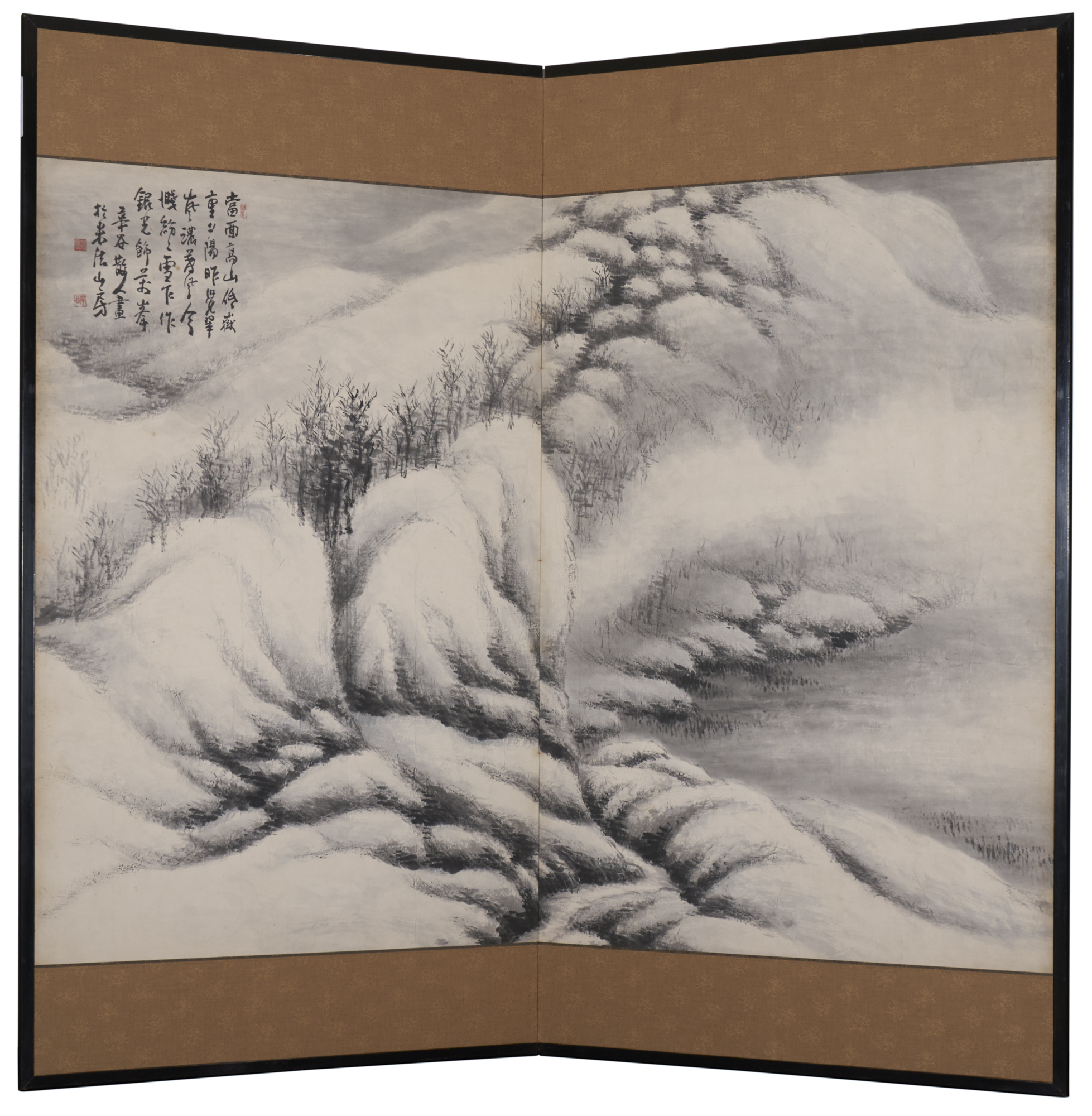 Japanese Two Panel Screen: Sumi-e Snow Scene