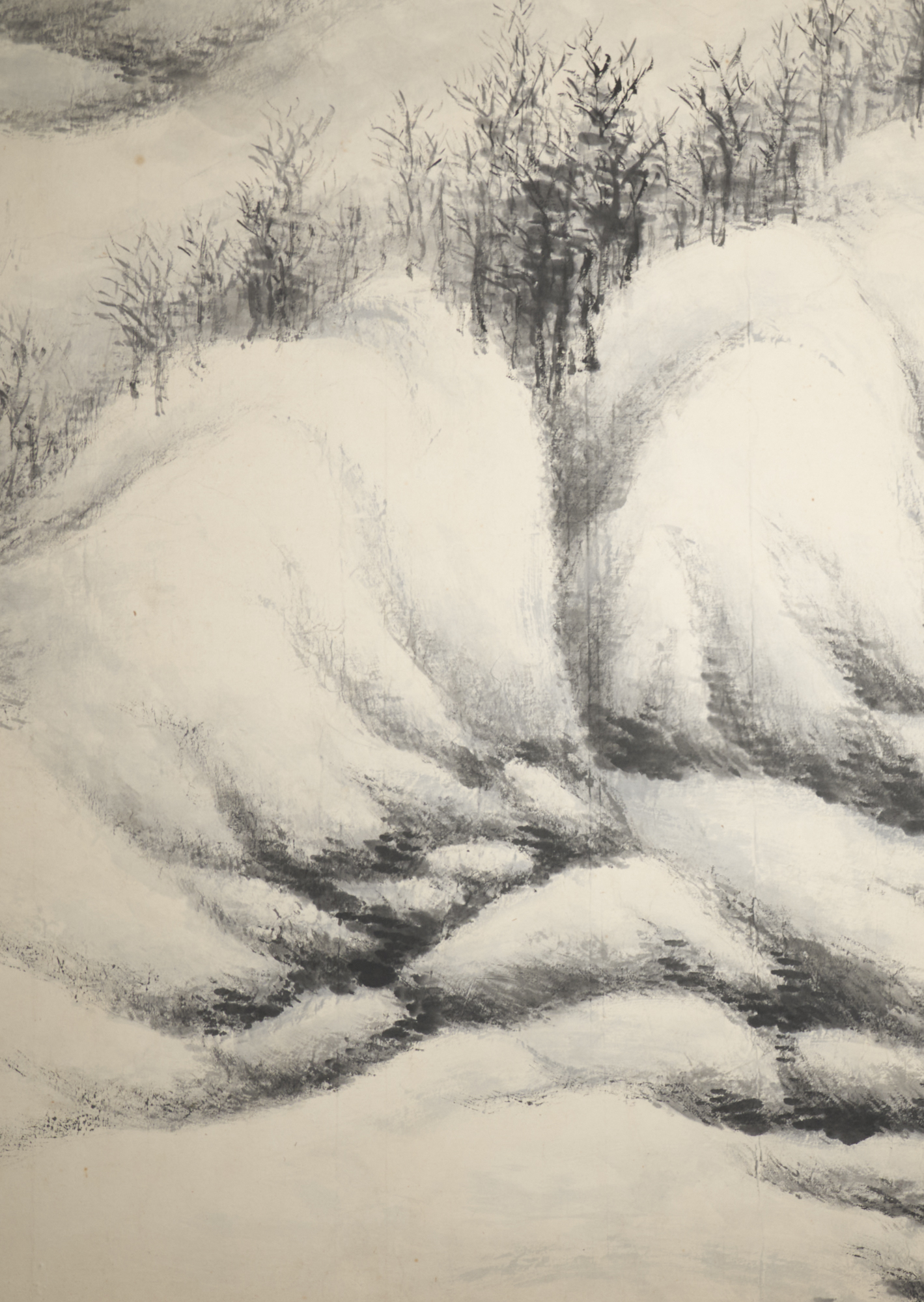 Japanese Two Panel Screen: Sumi-e Snow Scene