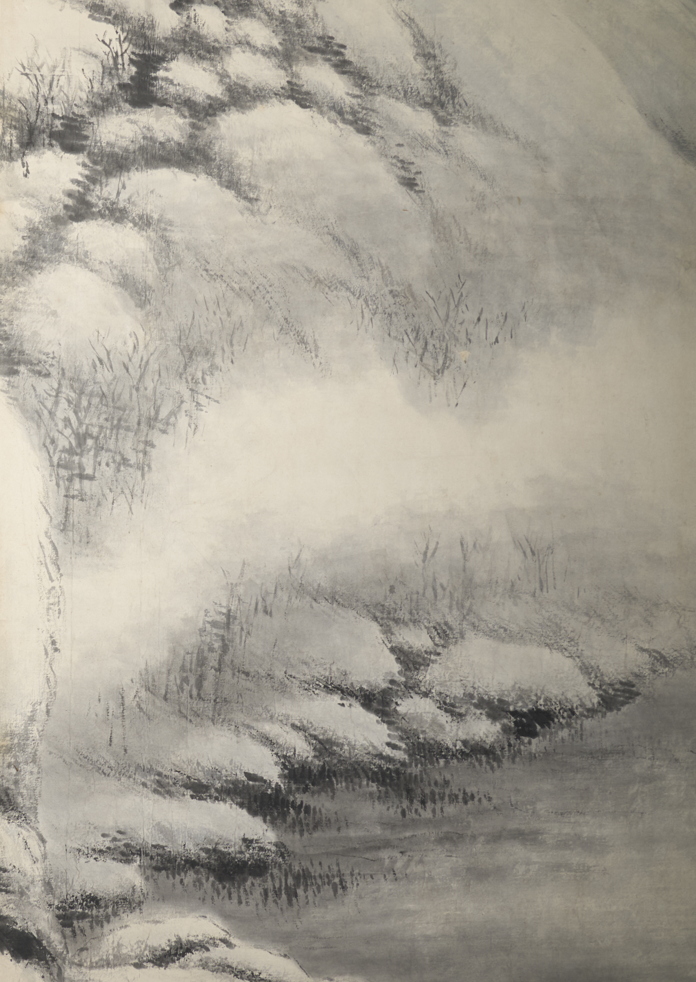 Japanese Two Panel Screen: Sumi-e Snow Scene