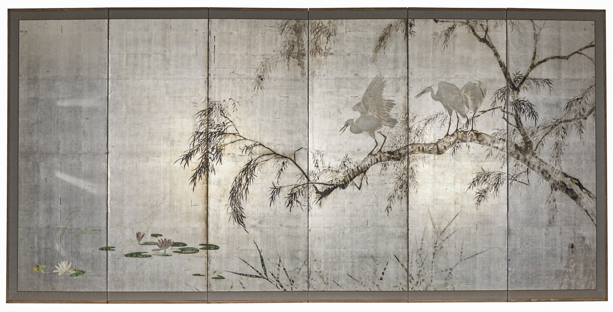 Pair of Japanese Six Panel Screens: Lake Landscape
