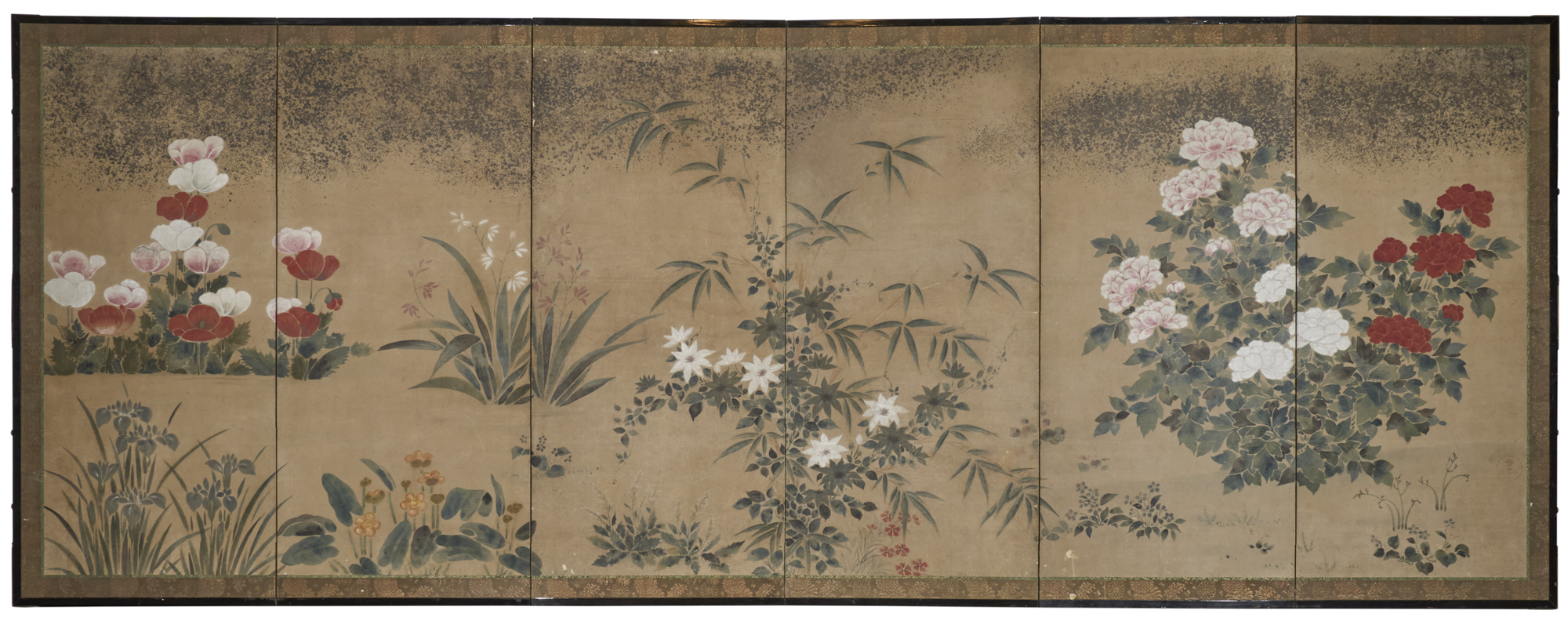 Japanese Six Panel Screen: Summer Flowers with Poppies