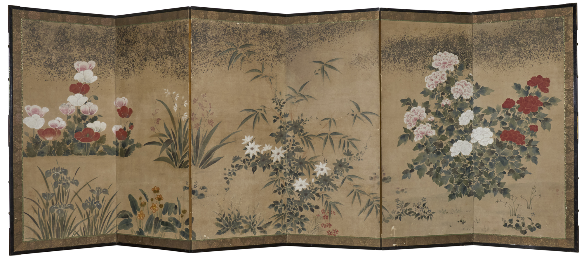 Japanese Six Panel Screen: Summer Flowers with Poppies