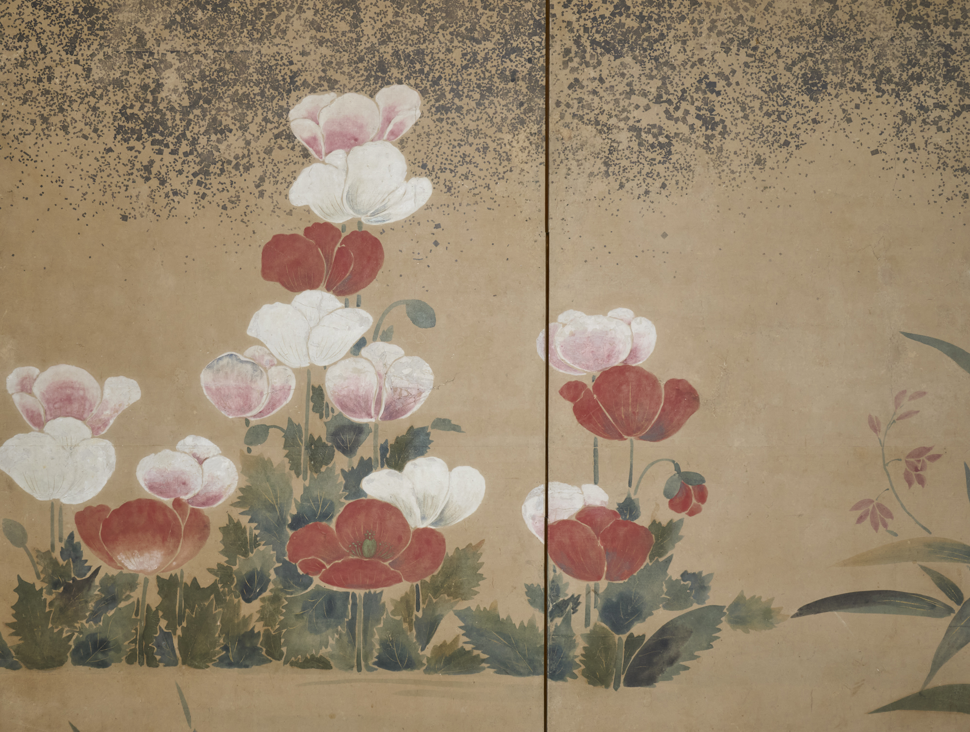 Japanese Six Panel Screen: Summer Flowers with Poppies
