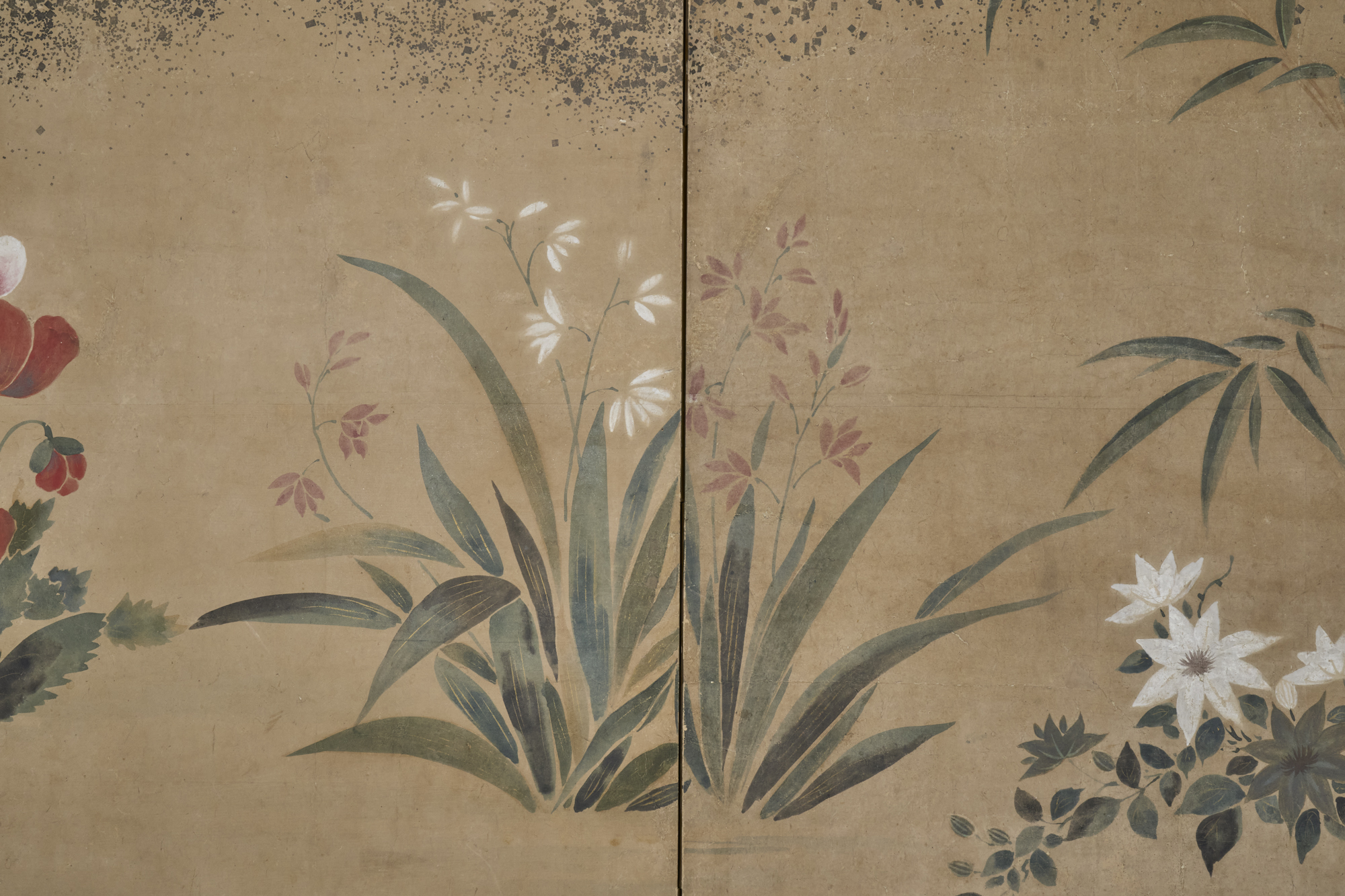 Japanese Six Panel Screen: Summer Flowers with Poppies