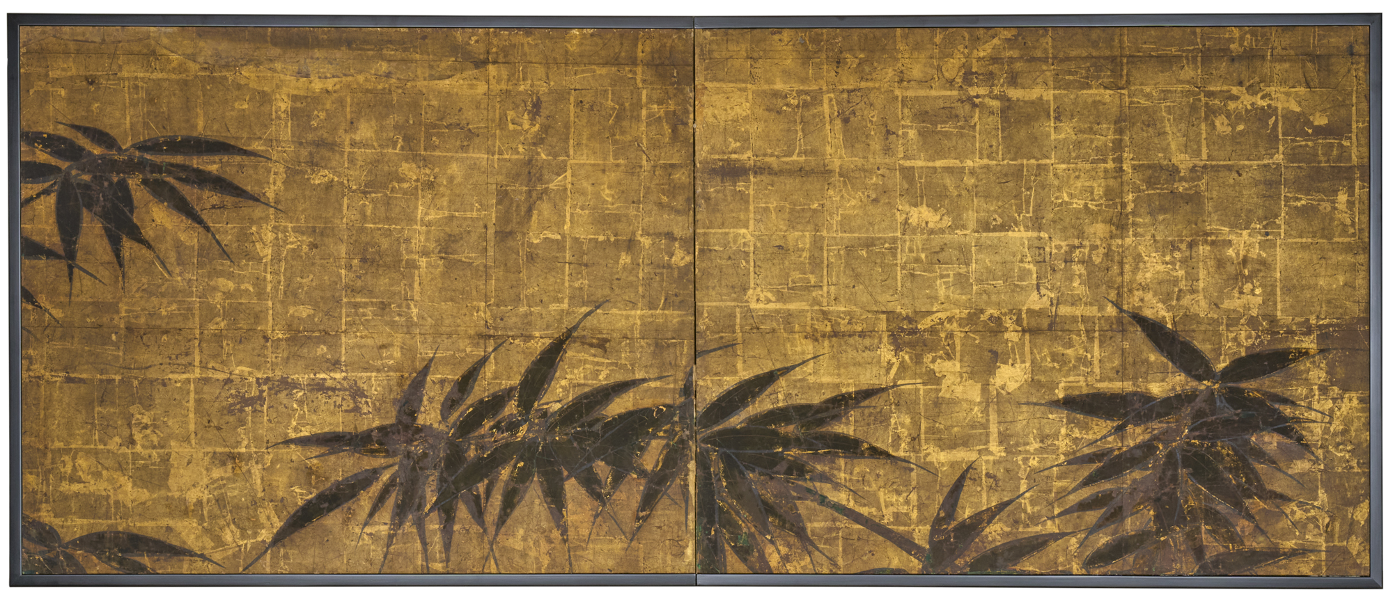 Japanese Two Panel Screen: Bamboo on gold
