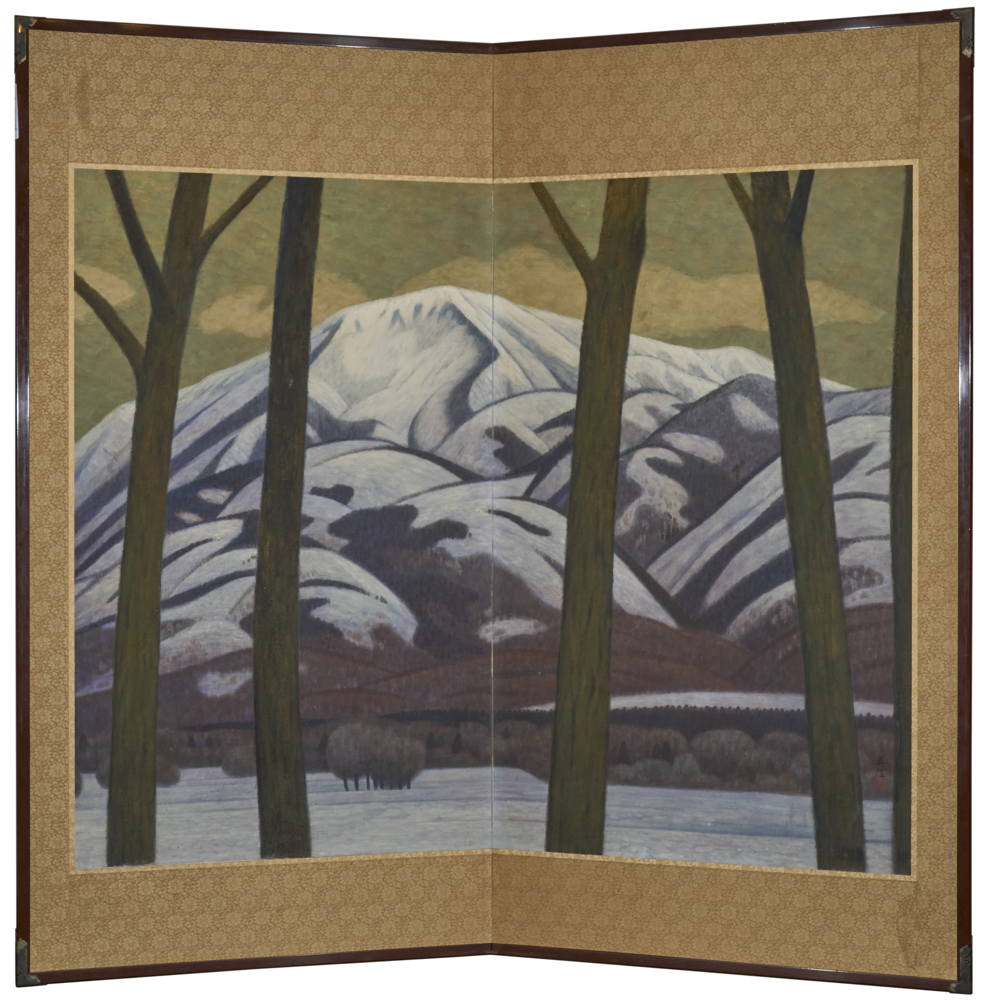 Japanese Two Panel Screen: Snowy Mountain Landscape