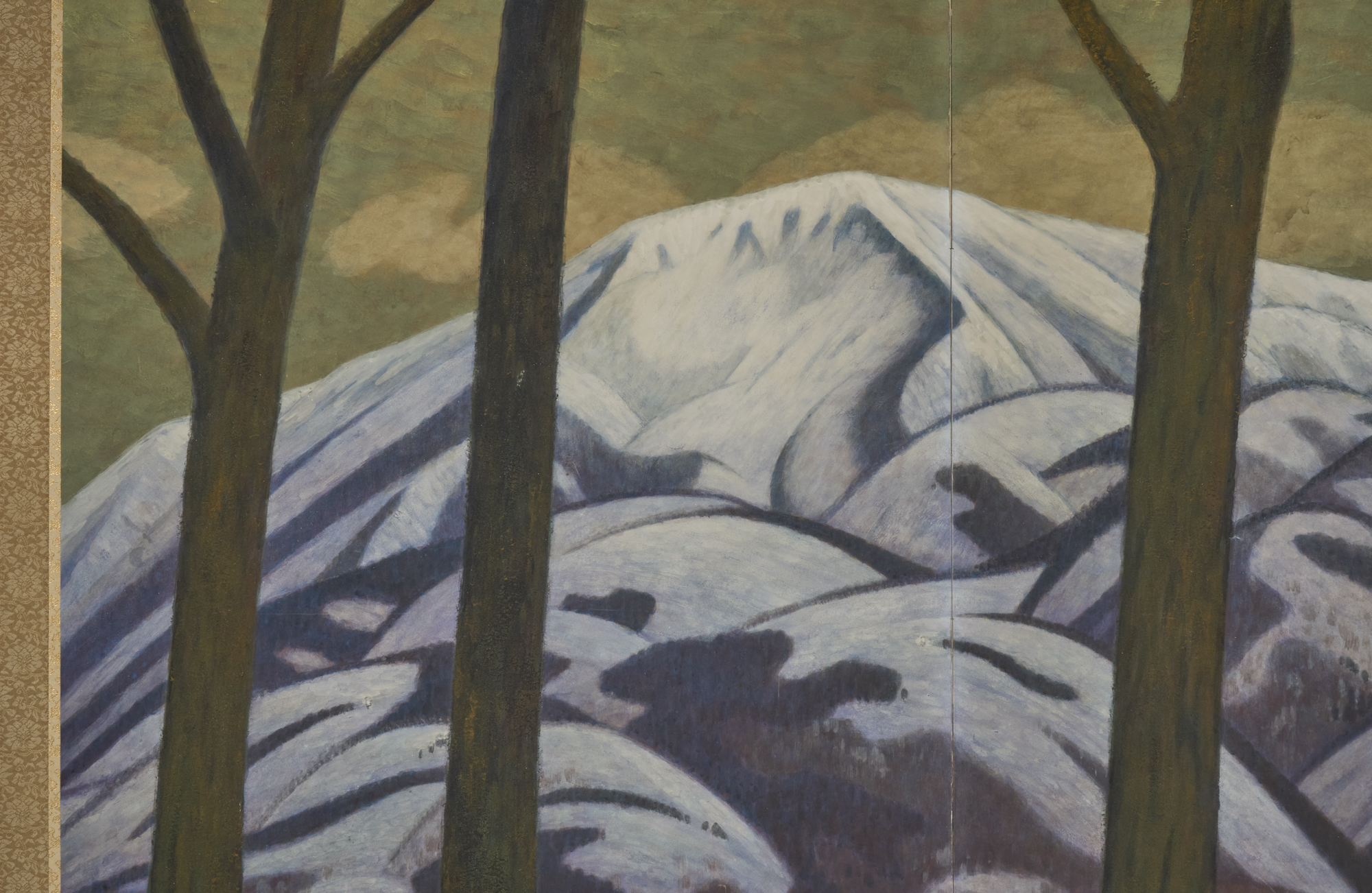 Japanese Two Panel Screen: Snowy Mountain Landscape