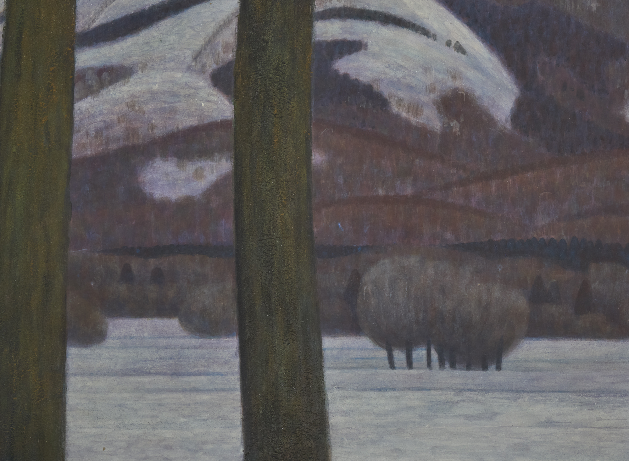 Japanese Two Panel Screen: Snowy Mountain Landscape