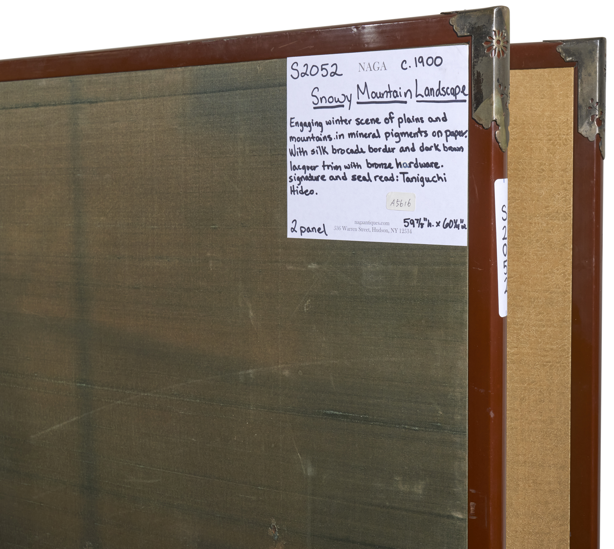 Japanese Two Panel Screen: Snowy Mountain Landscape