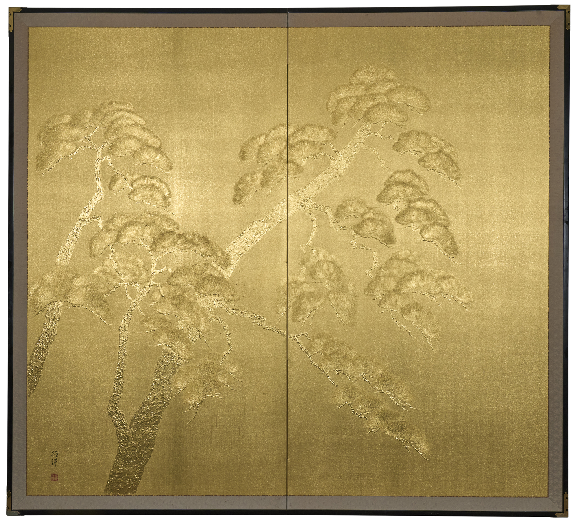 Japanese Two Panel Screen: Gilded Pine